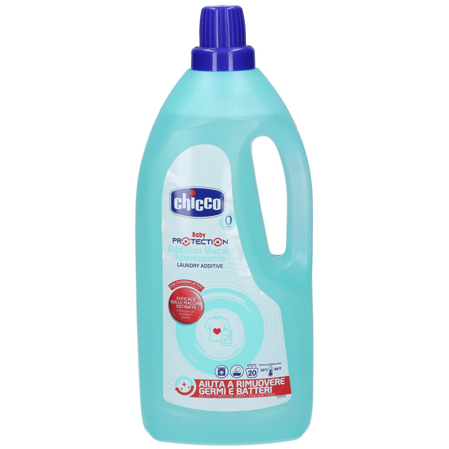 Bottiglia turchese con tappo blu e manico. Etichetta bianca con logo e testo. Adesivo rosso con simboli. Nome prodotto: Chicco Additivo Igienizzante.