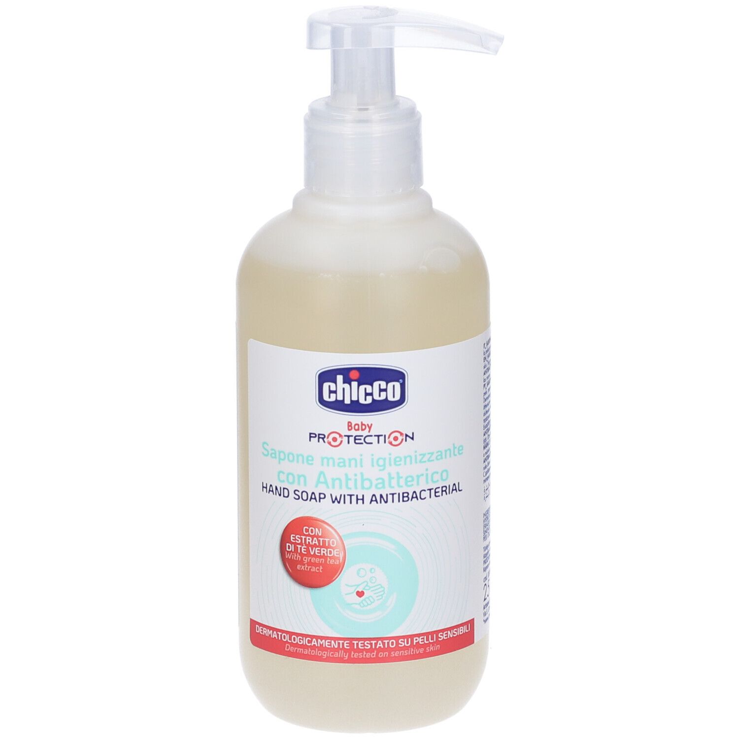 Sapone liquido beige con dispenser. Scritta: Chicco Baby Protection, Sapone mani igienizzante con Antibatterico. Dermatologicamente testato.