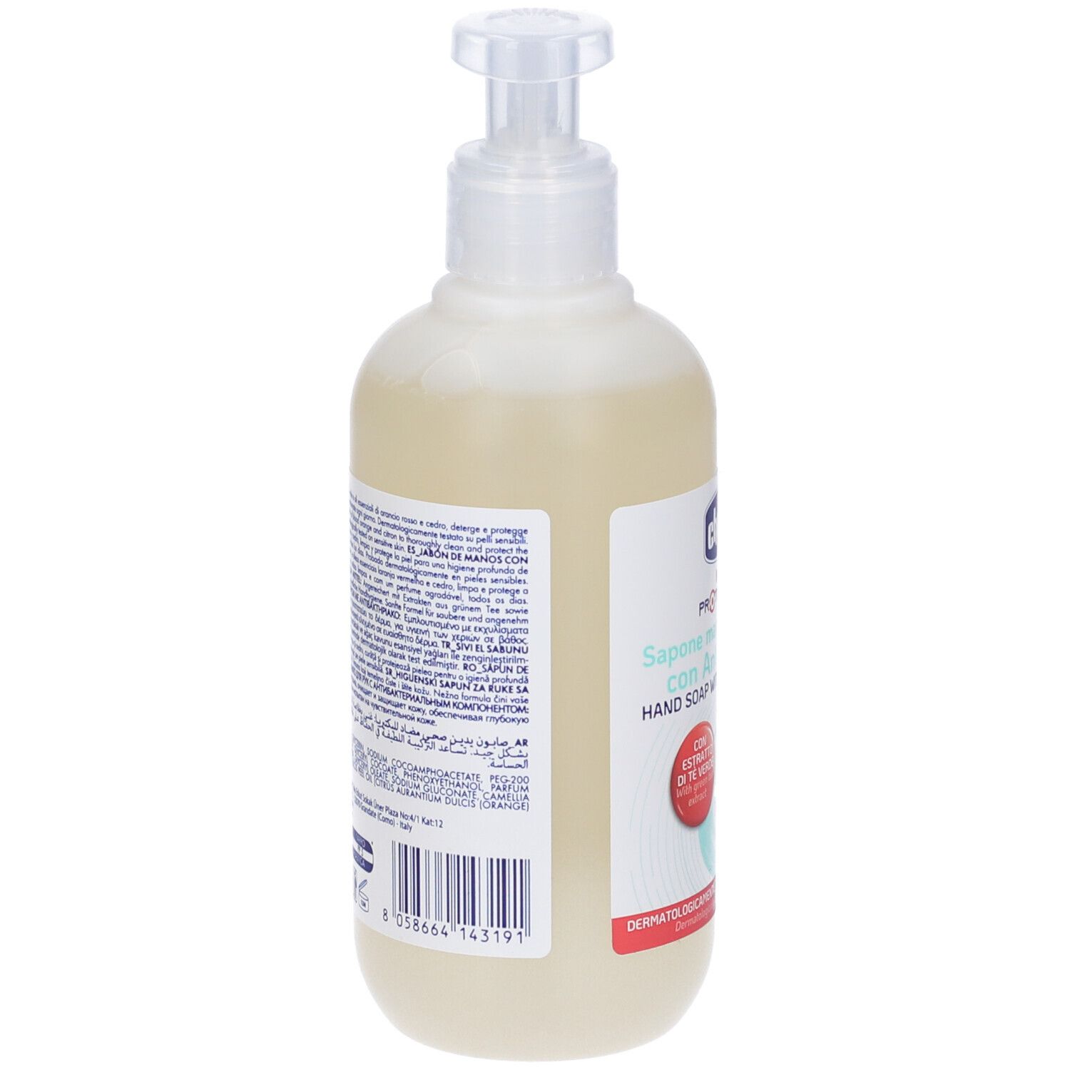 Sapone liquido beige con dispenser. Scritta: Chicco Baby Protection, Sapone mani igienizzante con Antibatterico. Retro con testo.