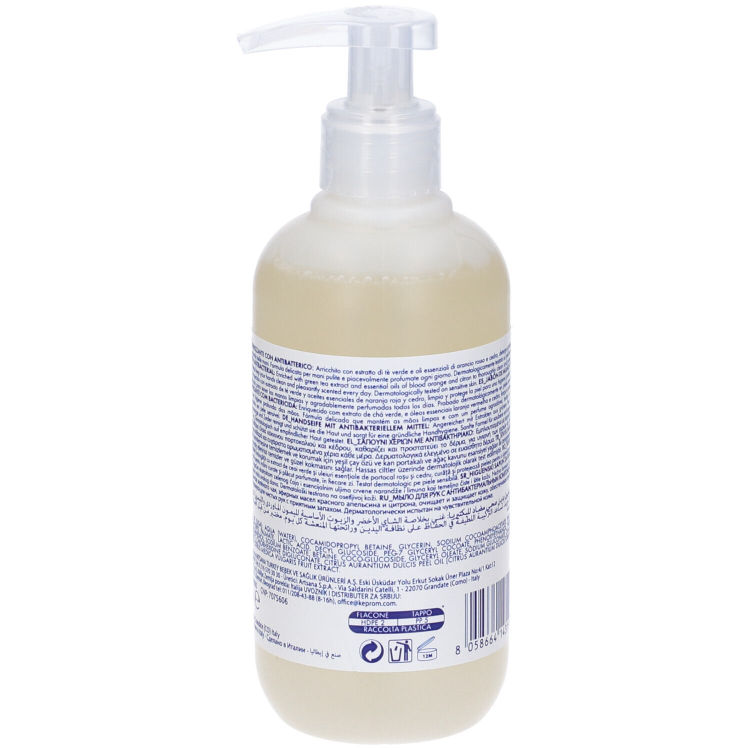 Sapone liquido beige con dispenser. Scritta: Chicco Baby Protection, Sapone mani igienizzante con Antibatterico. Retro con testo.