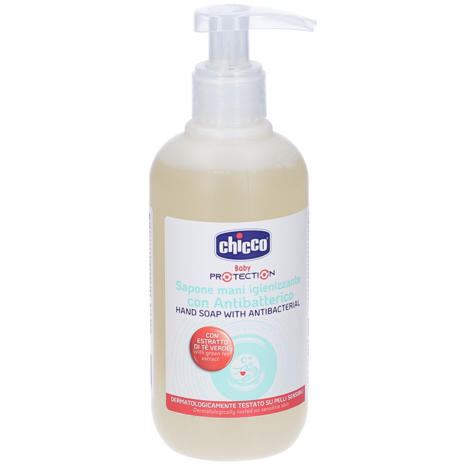 Sapone liquido beige con dispenser. Scritta: Chicco Baby Protection, Sapone mani igienizzante con Antibatterico. Dermatologicamente testato.