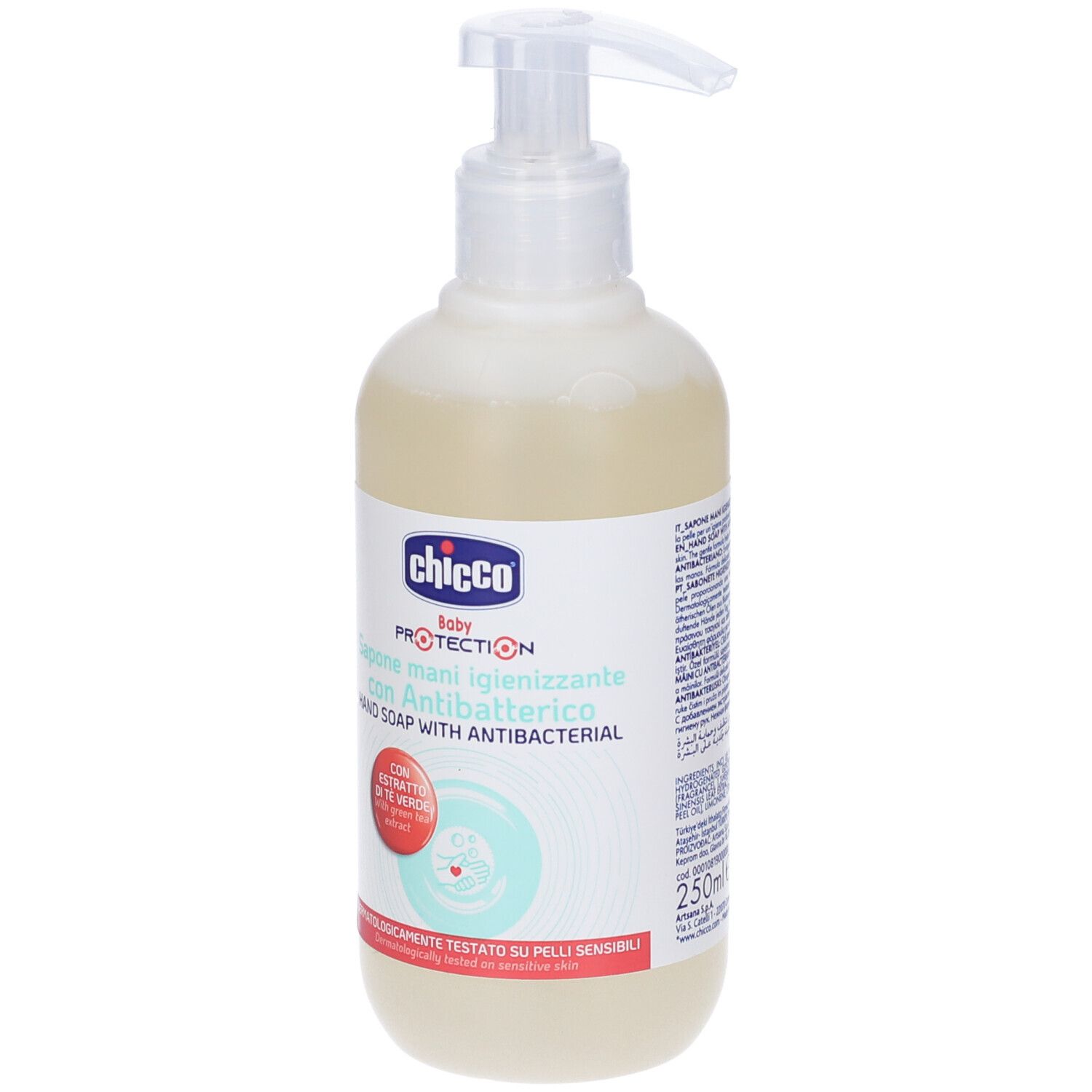 Sapone liquido beige con dispenser. Scritta: Chicco Baby Protection, Sapone mani igienizzante con Antibatterico. 250ml.