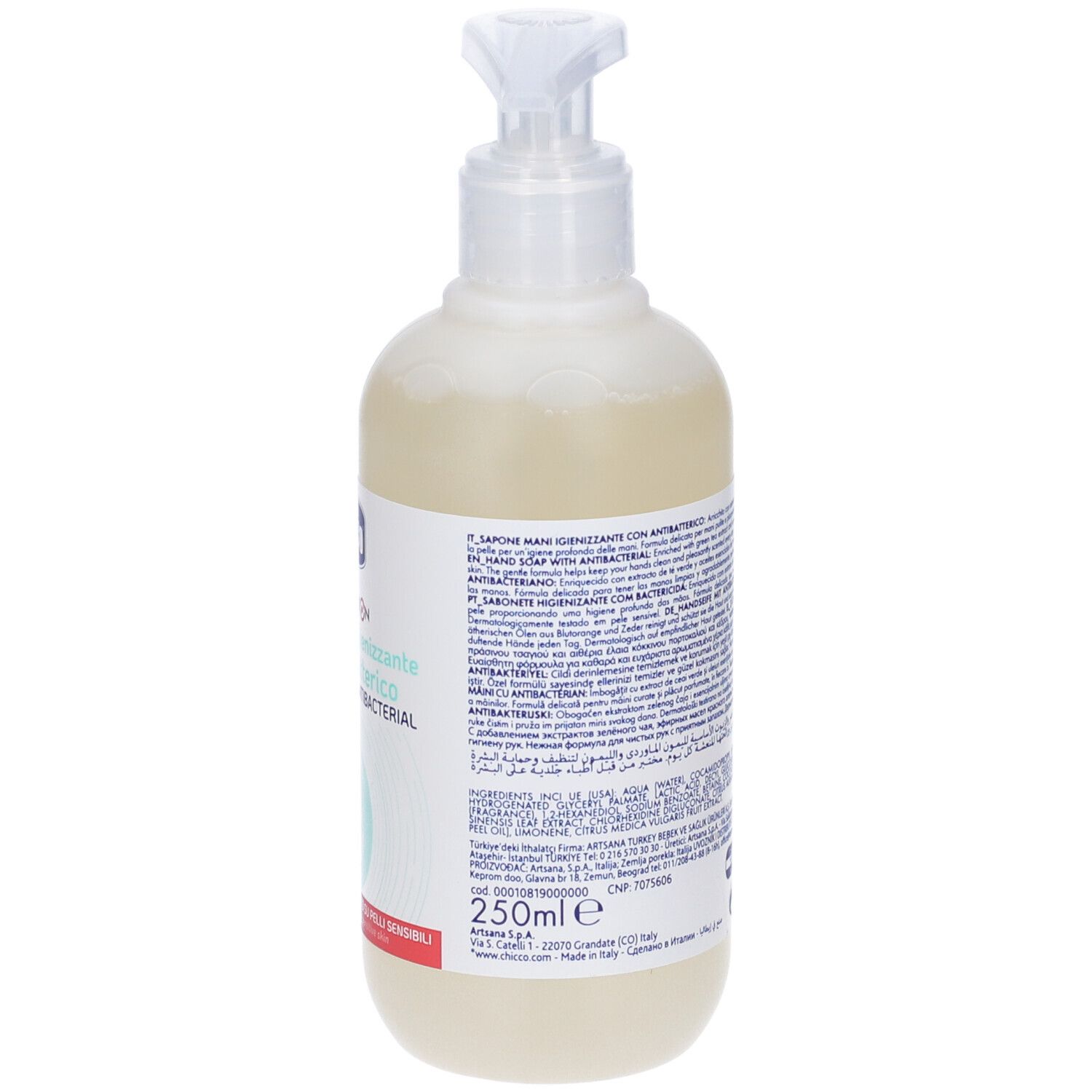Sapone liquido beige con dispenser. Scritta: Chicco Baby Protection, Sapone mani igienizzante con Antibatterico. 250ml. Retro con testo.