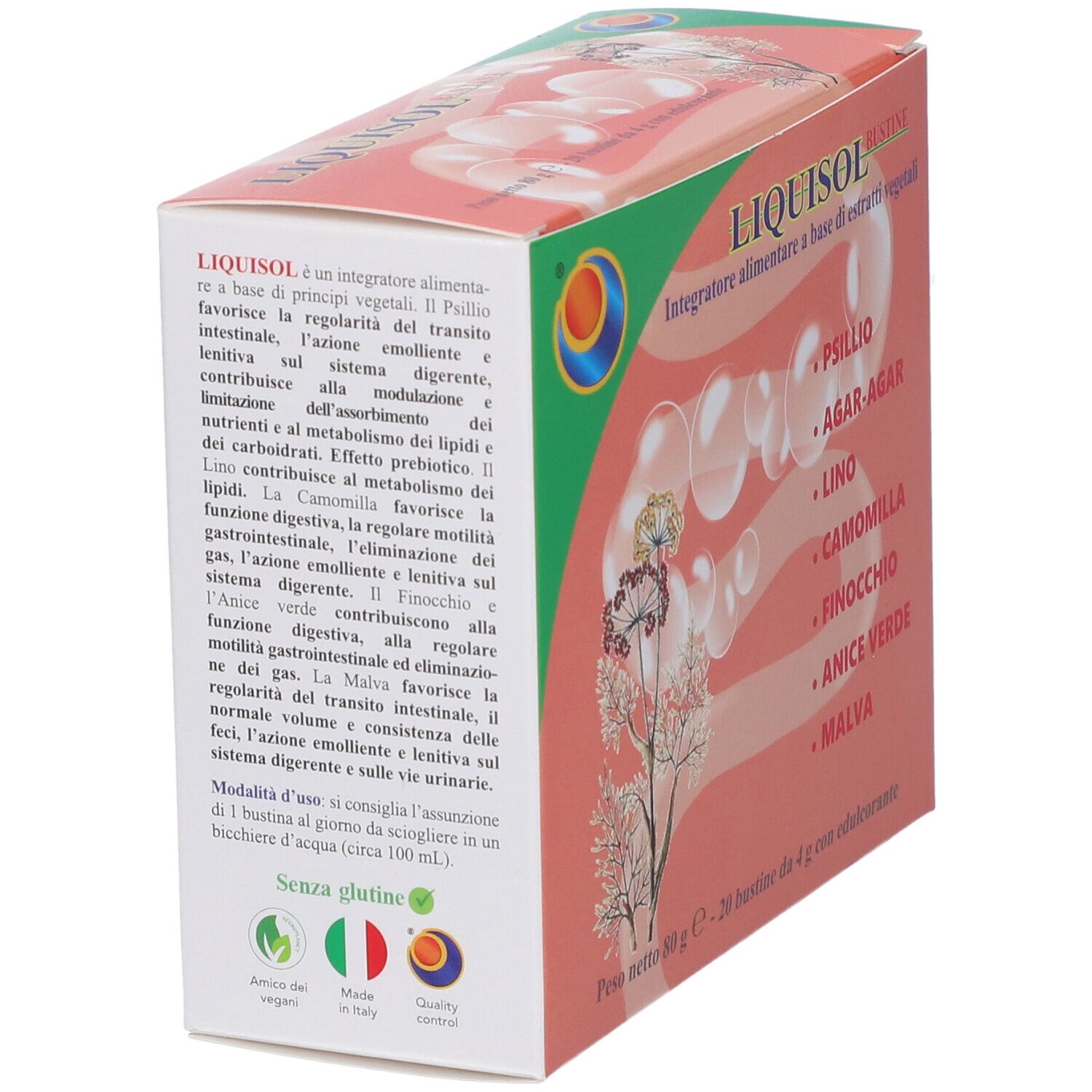 Retro della confezione Liquisol Bustine con informazioni dettagliate su ingredienti e uso.