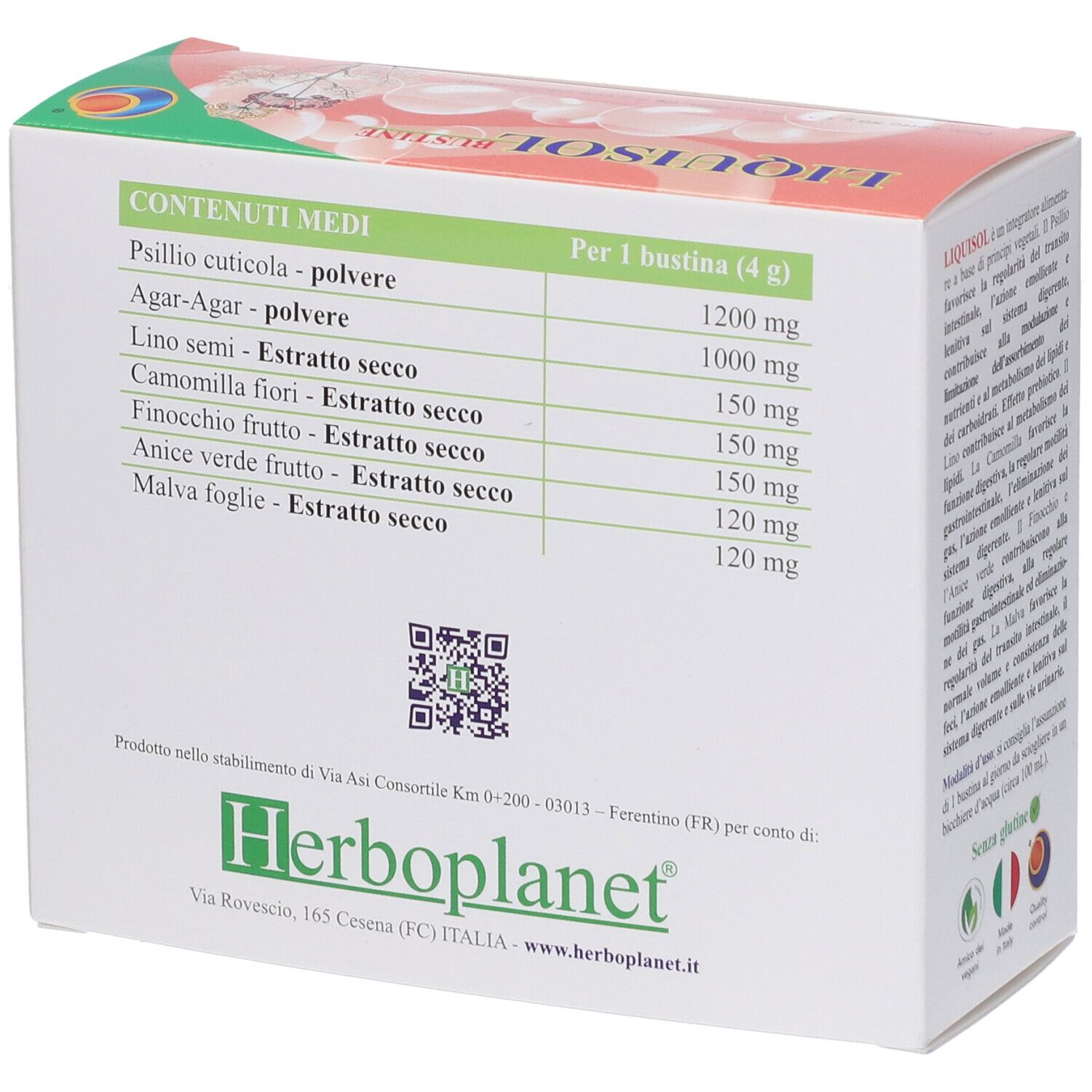 Vista laterale della confezione Liquisol Bustine con valori nutrizionali per bustina e codice QR.