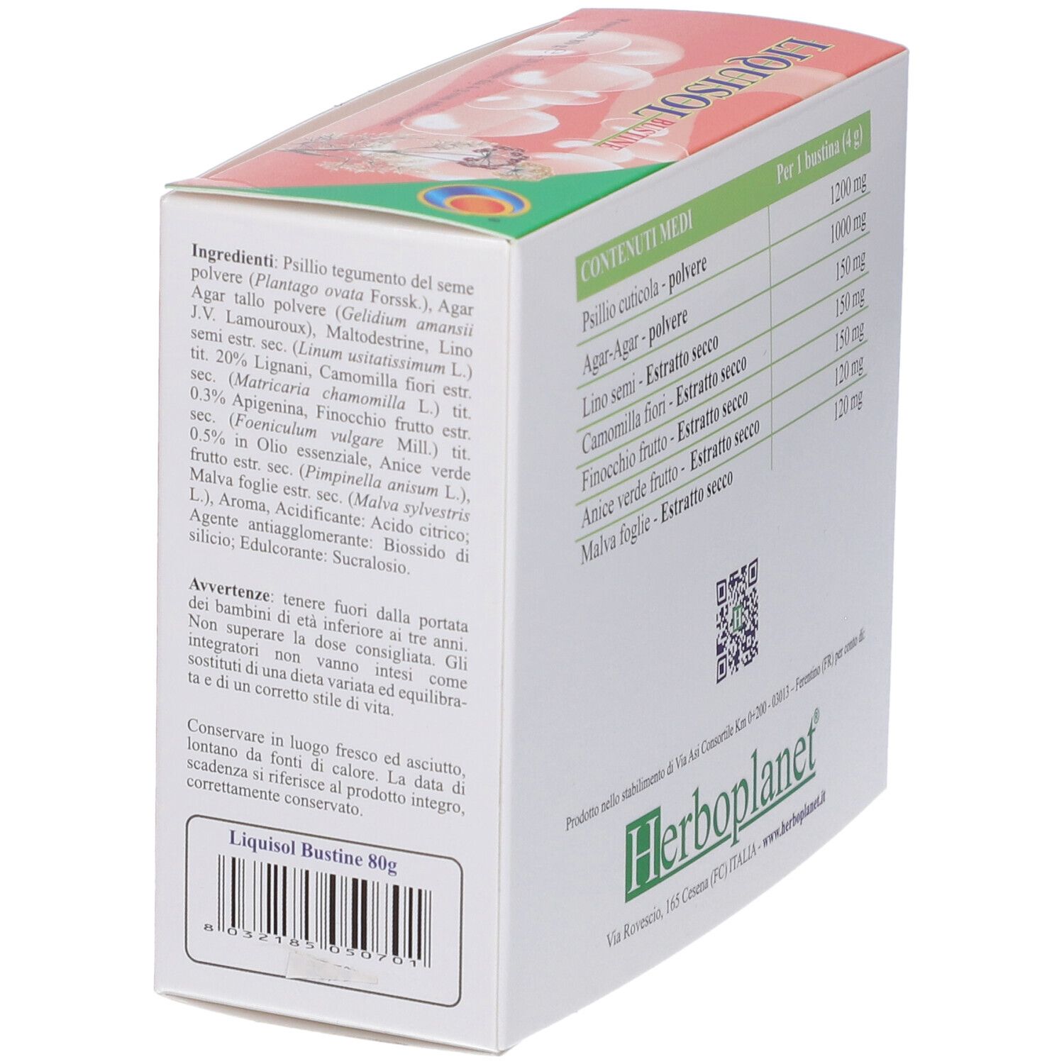 Vista laterale della confezione Liquisol Bustine con elenco ingredienti, avvertenze e informazioni del produttore.