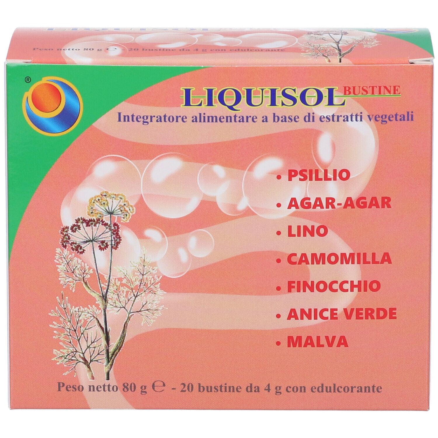 Fronte della confezione Liquisol Bustine con elenco estratti vegetali e peso del prodotto.