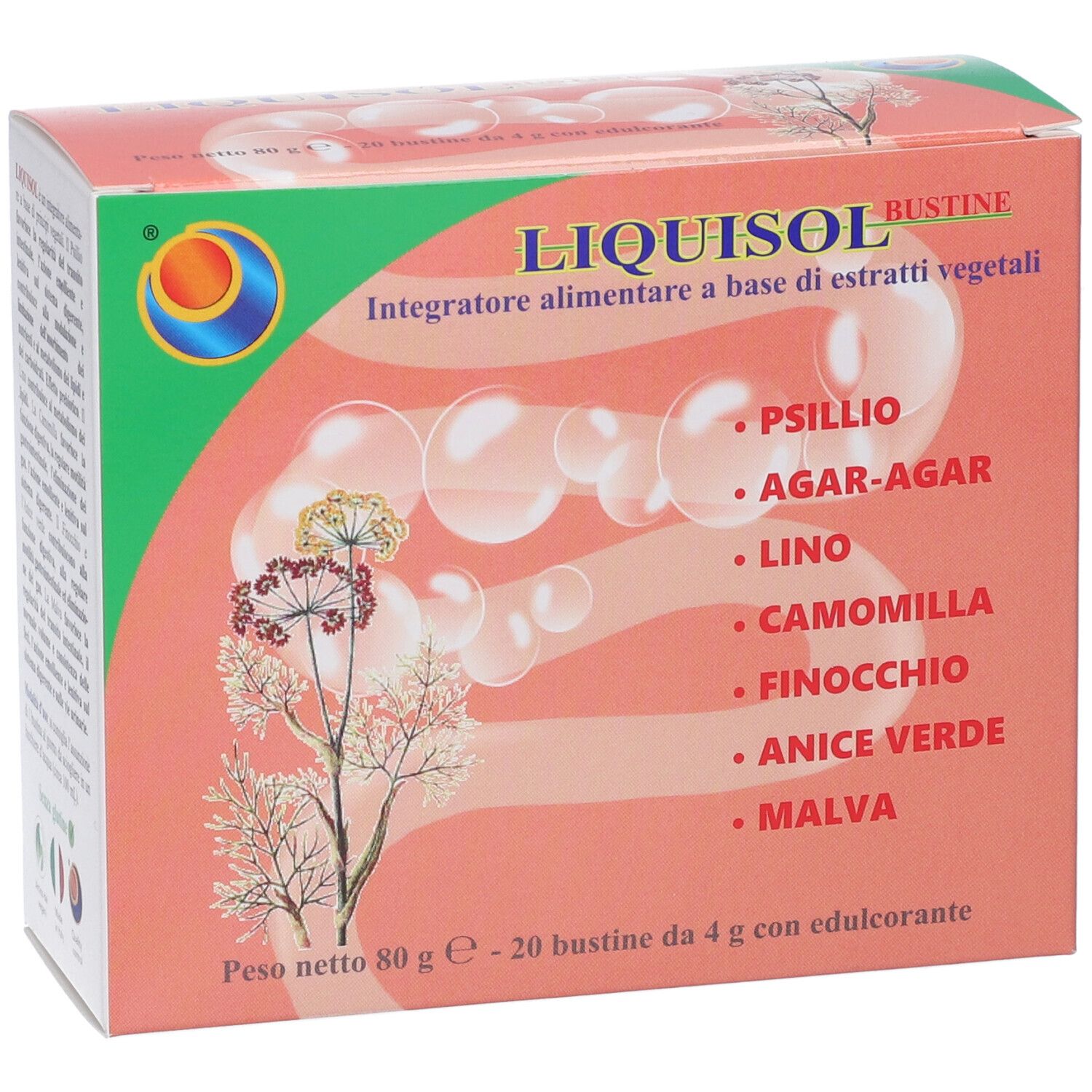 Confezione Liquisol Bustine che mostra l'elenco degli ingredienti vegetali come psillio e camomilla.