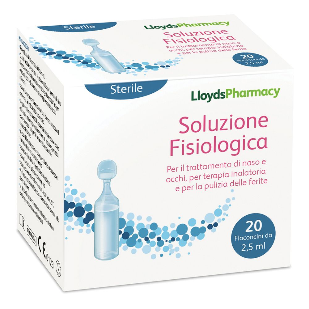 Confezione da 20 flaconcini. Scritta: LloydsPharmacy Soluzione Fisiologica. Per naso, occhi, inalazione e pulizia ferite. Sterile.