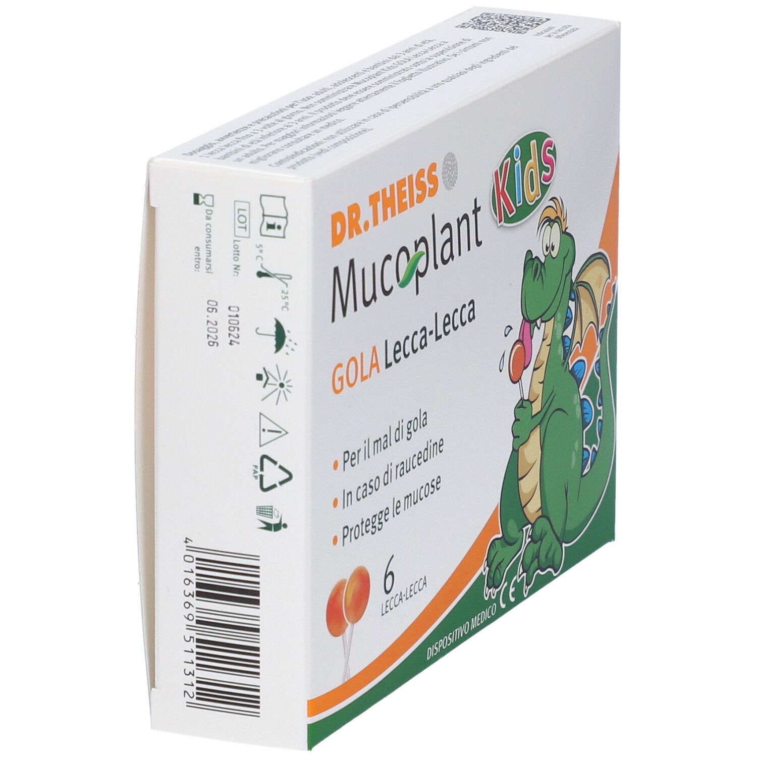 Confezione di DR.THEISS Mucoplant Kids Lecca-Lecca. Vista laterale con informazioni e loghi.