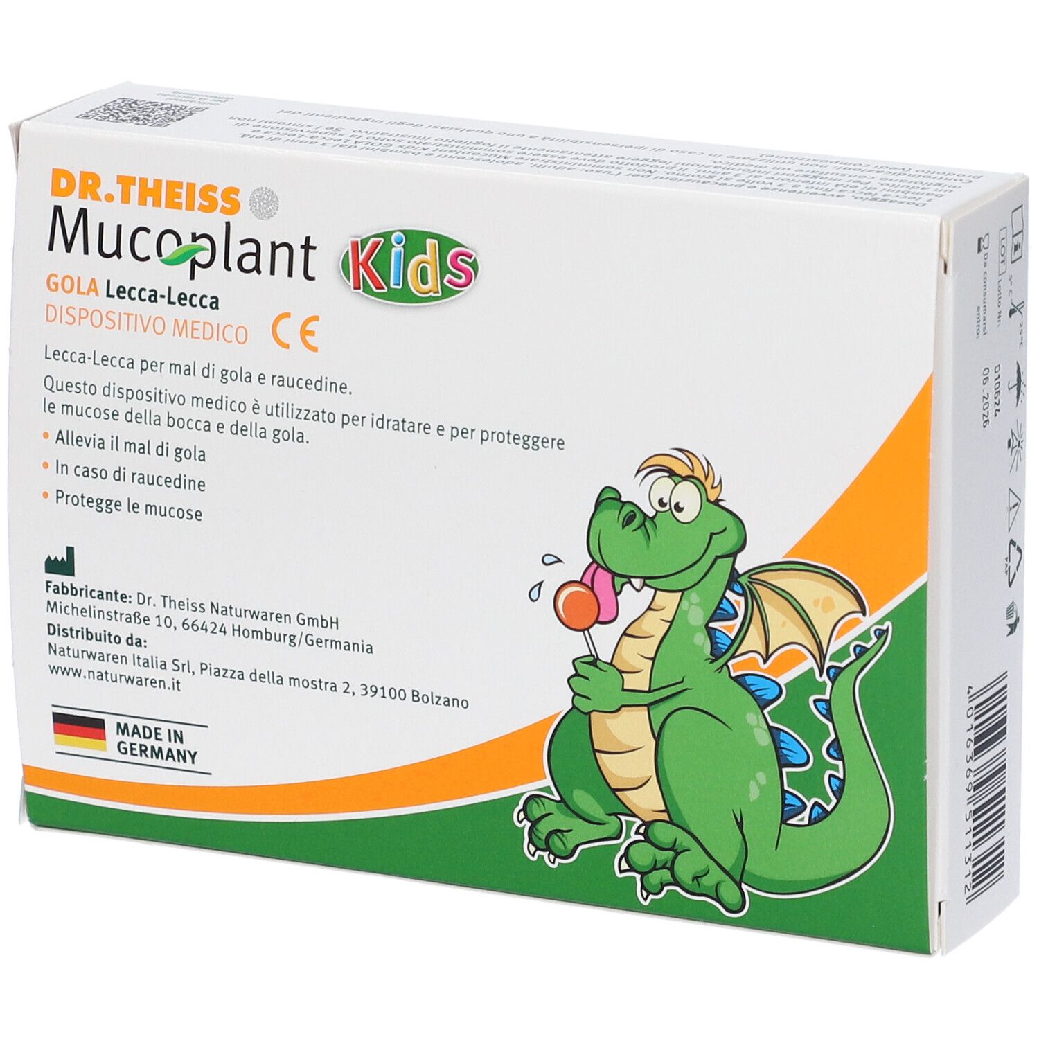 Confezione di DR.THEISS Mucoplant Kids Lecca-Lecca. Informazioni, indirizzo produttore e marchio CE.