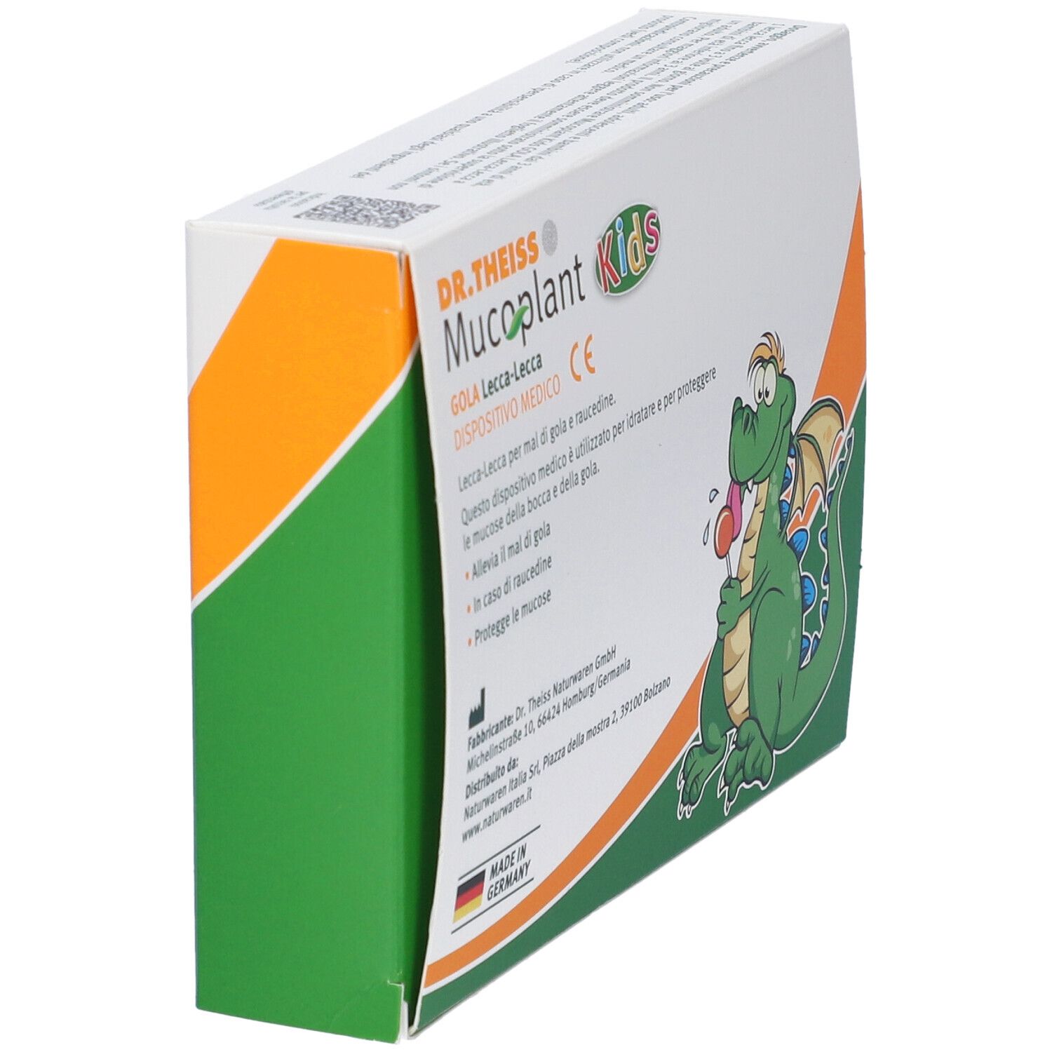 Confezione di DR.THEISS Mucoplant Kids Lecca-Lecca. Vista obliqua con informazioni.