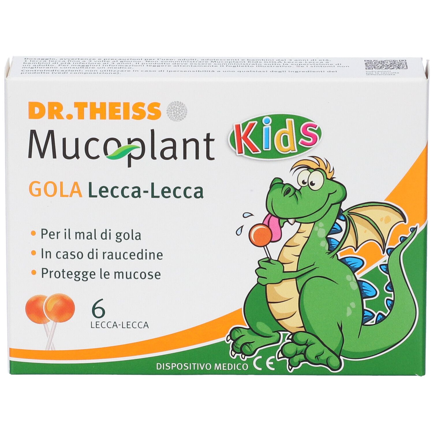 Confezione di DR.THEISS Mucoplant Kids Lecca-Lecca. Contiene 6 lecca-lecca. Illustrazione di drago verde.