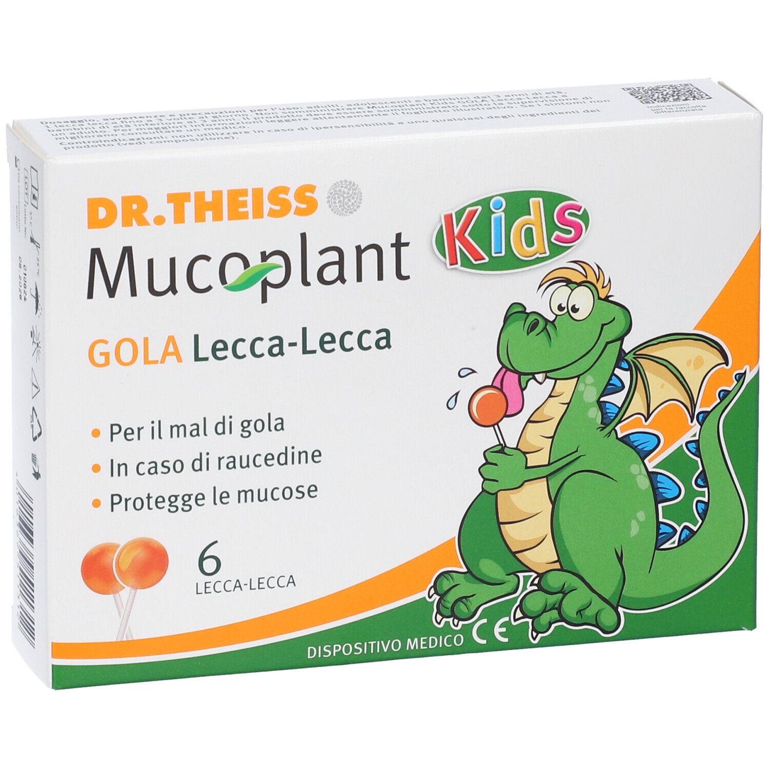 Confezione di DR.THEISS Mucoplant Kids Lecca-Lecca. Contiene 6 lecca-lecca. Illustrazione di drago verde.