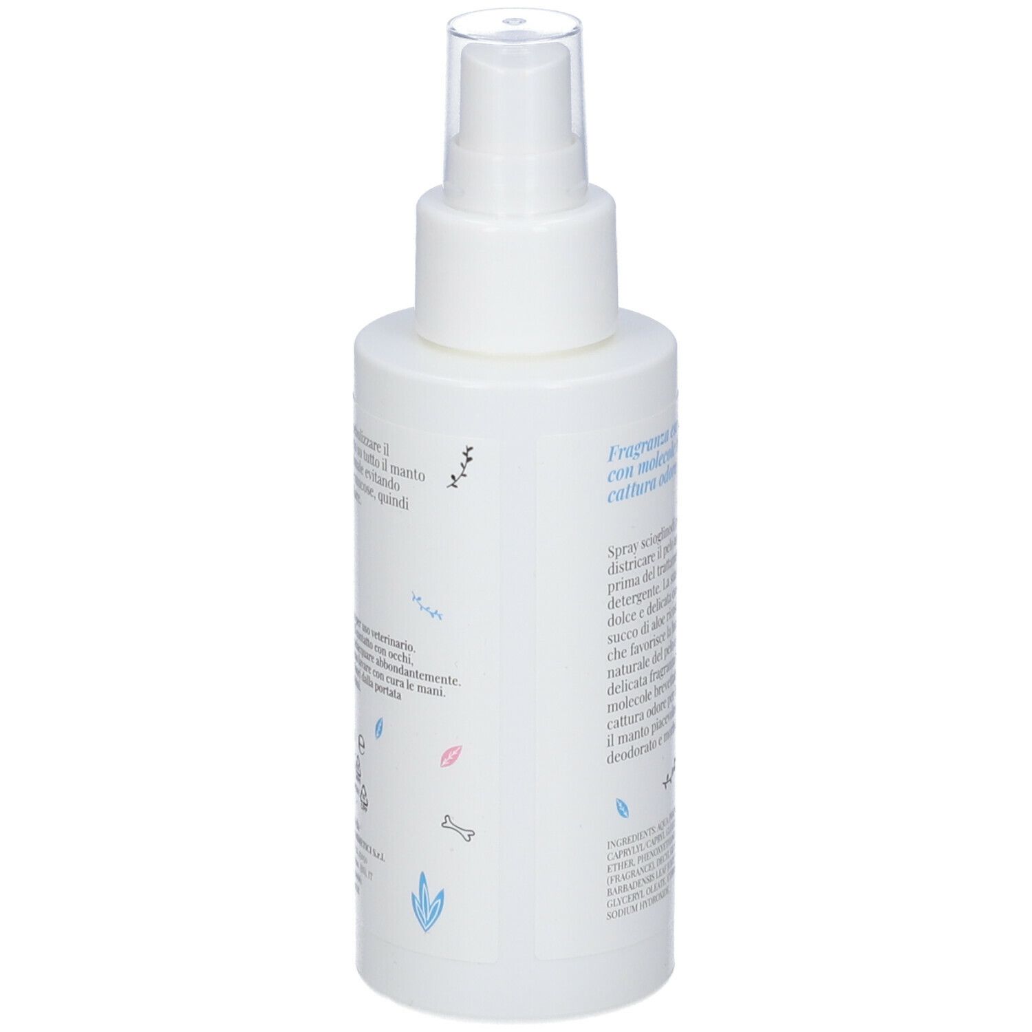 Flacone spray bianco con testo e illustrazioni. Vista posteriore. Contiene informazioni sul prodotto.