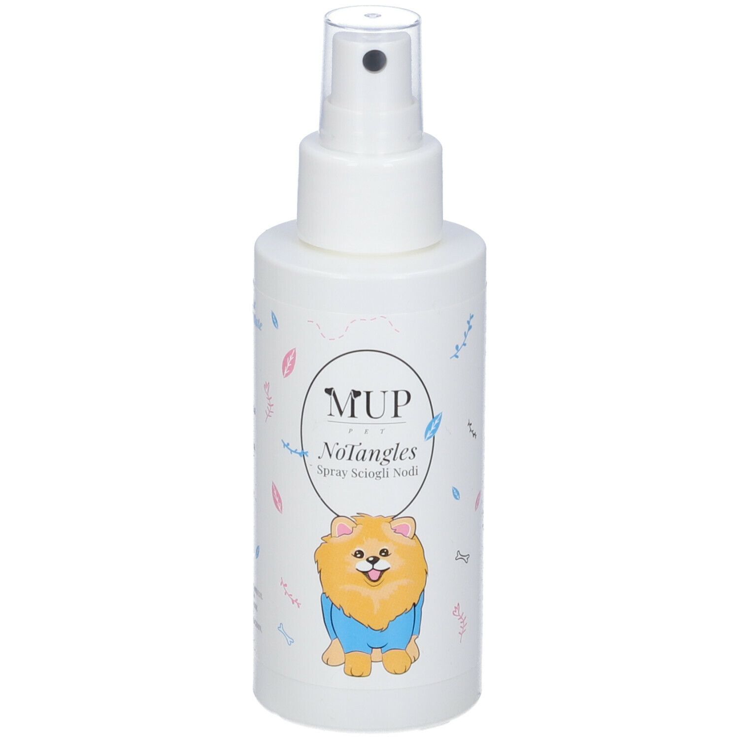 Flacone spray bianco con nome del prodotto e illustrazione di un cane. Vista frontale.