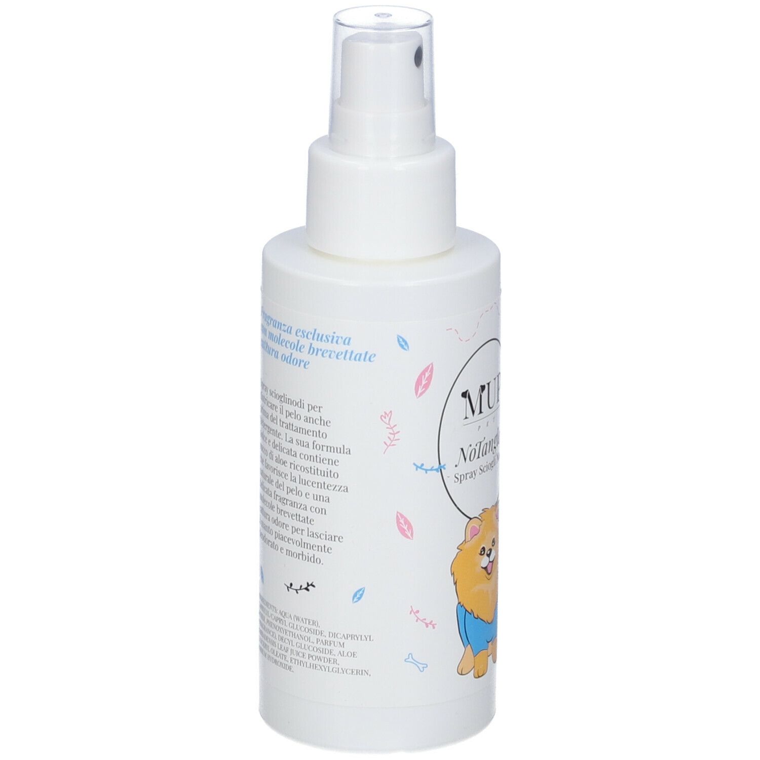 Flacone spray bianco con testo e illustrazioni. Vista posteriore. Contiene informazioni sul prodotto.