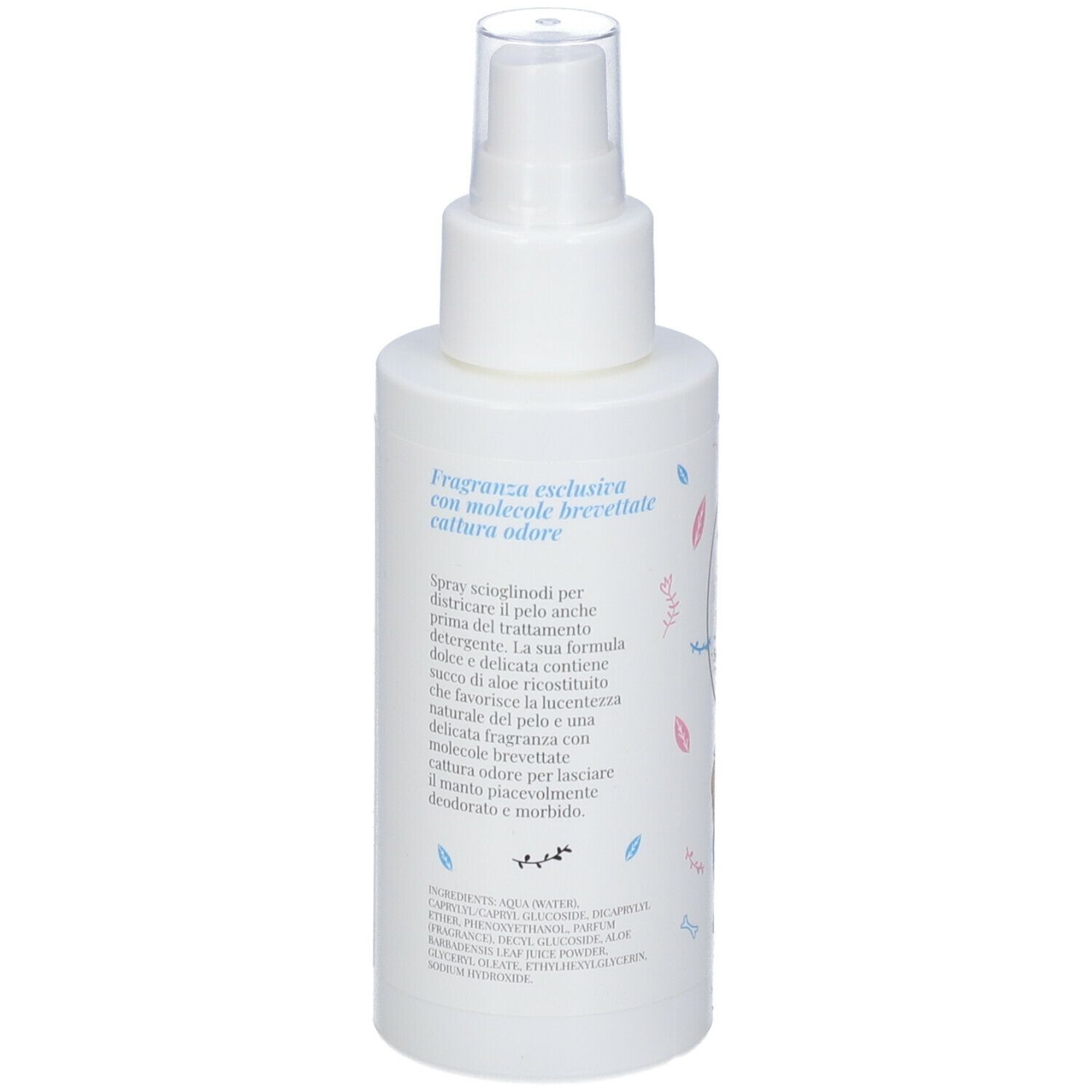 Flacone spray bianco con testo e illustrazioni. Vista posteriore. Contiene informazioni sul prodotto.