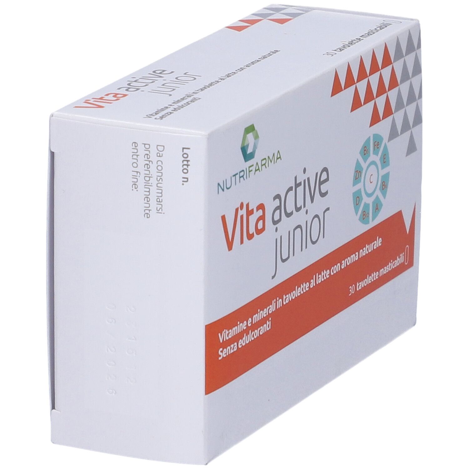 Vista obliqua della confezione "Vita active junior". Scritto: 30 compresse. Testo in italiano.