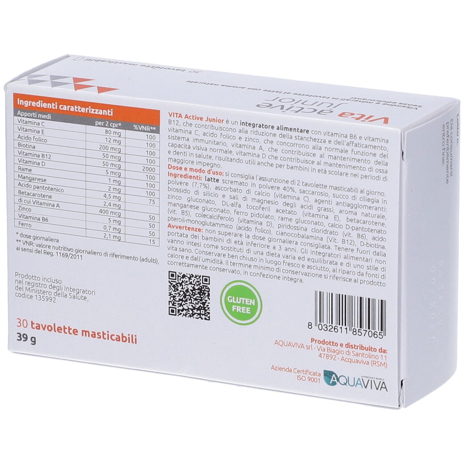 Retro della confezione "Vita active junior". Contiene ingredienti e informazioni nutrizionali. Logo senza glutine.