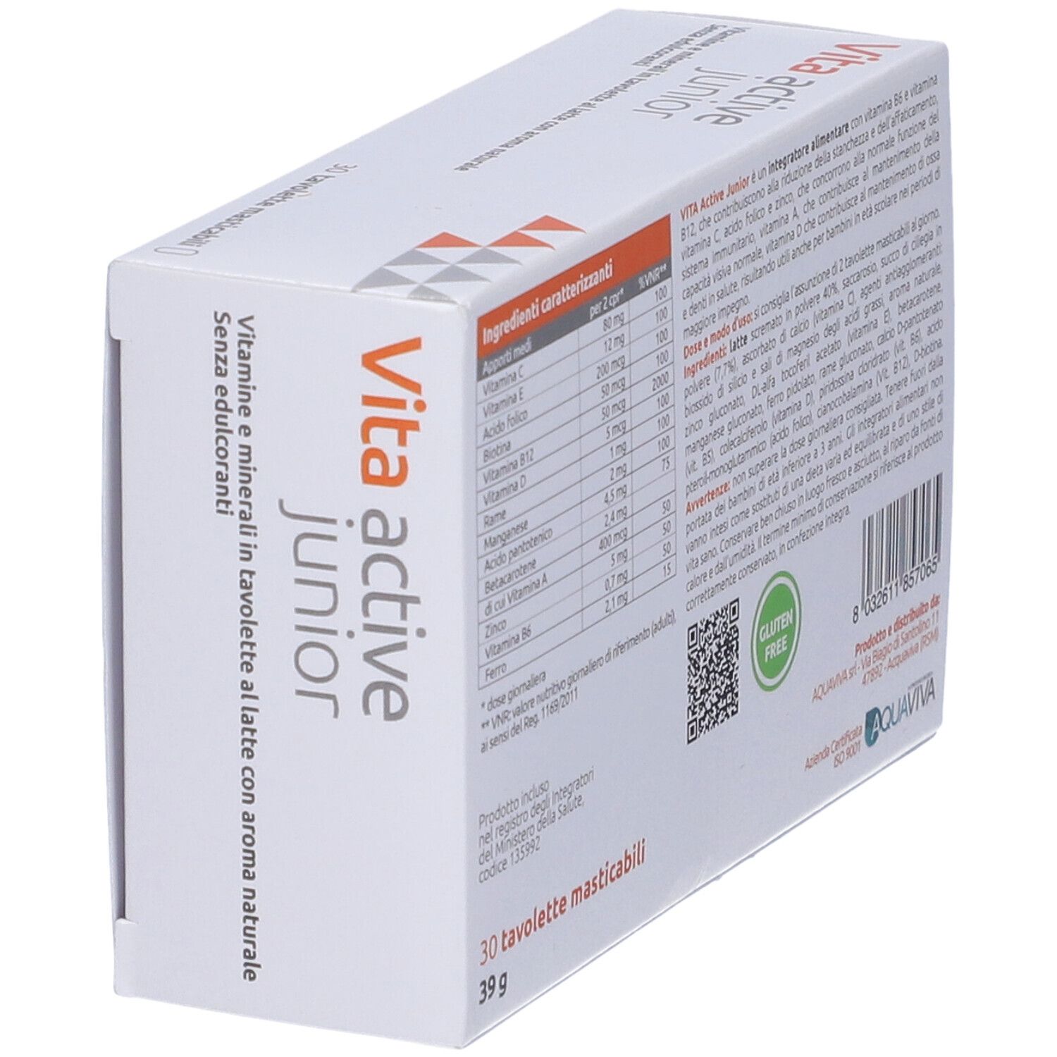 Vista obliqua della confezione "Vita active junior". Contiene ingredienti e informazioni nutrizionali. Logo senza glutine.