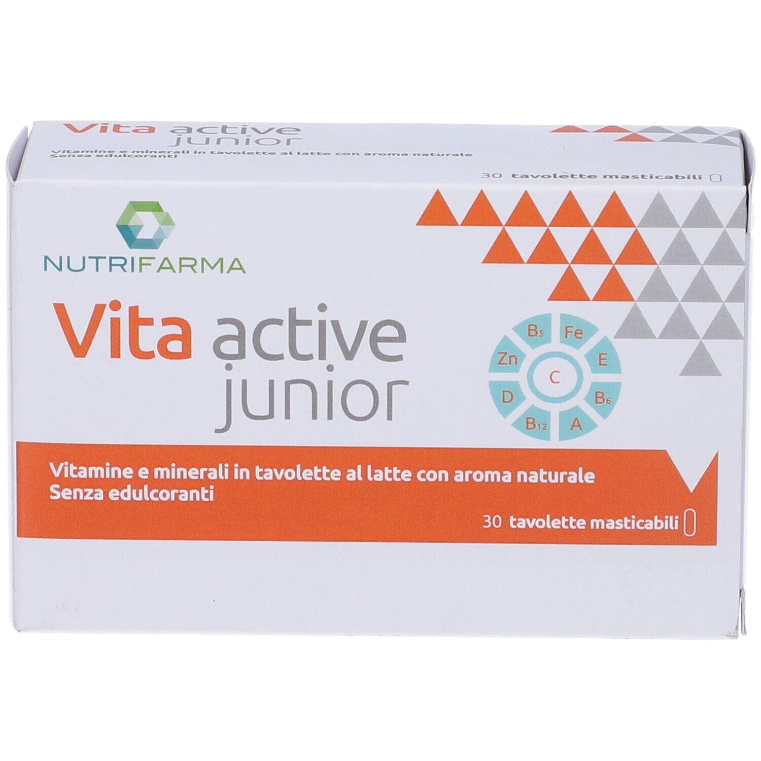 Confezione "Vita active junior". Scritto: Vitamine e minerali in compresse con aroma naturale. 30 compresse.