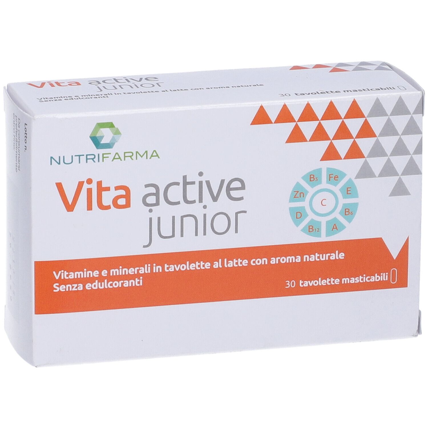 Confezione "Vita active junior". Scritto: Vitamine e minerali in compresse con aroma naturale. 30 compresse.