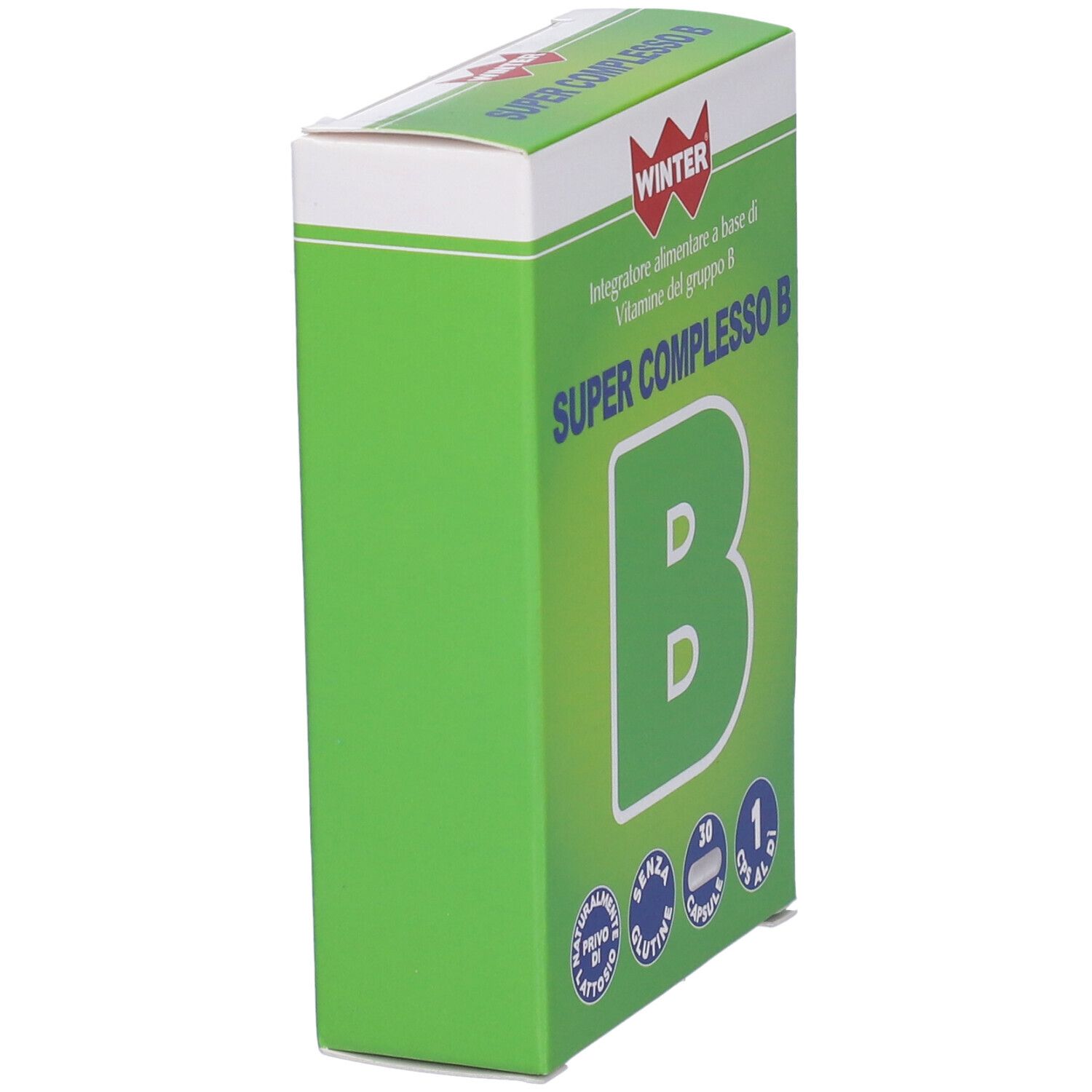 Scatola verde con scritta SUPER COMPLESSO B. Marchio WINTER. Vista laterale.