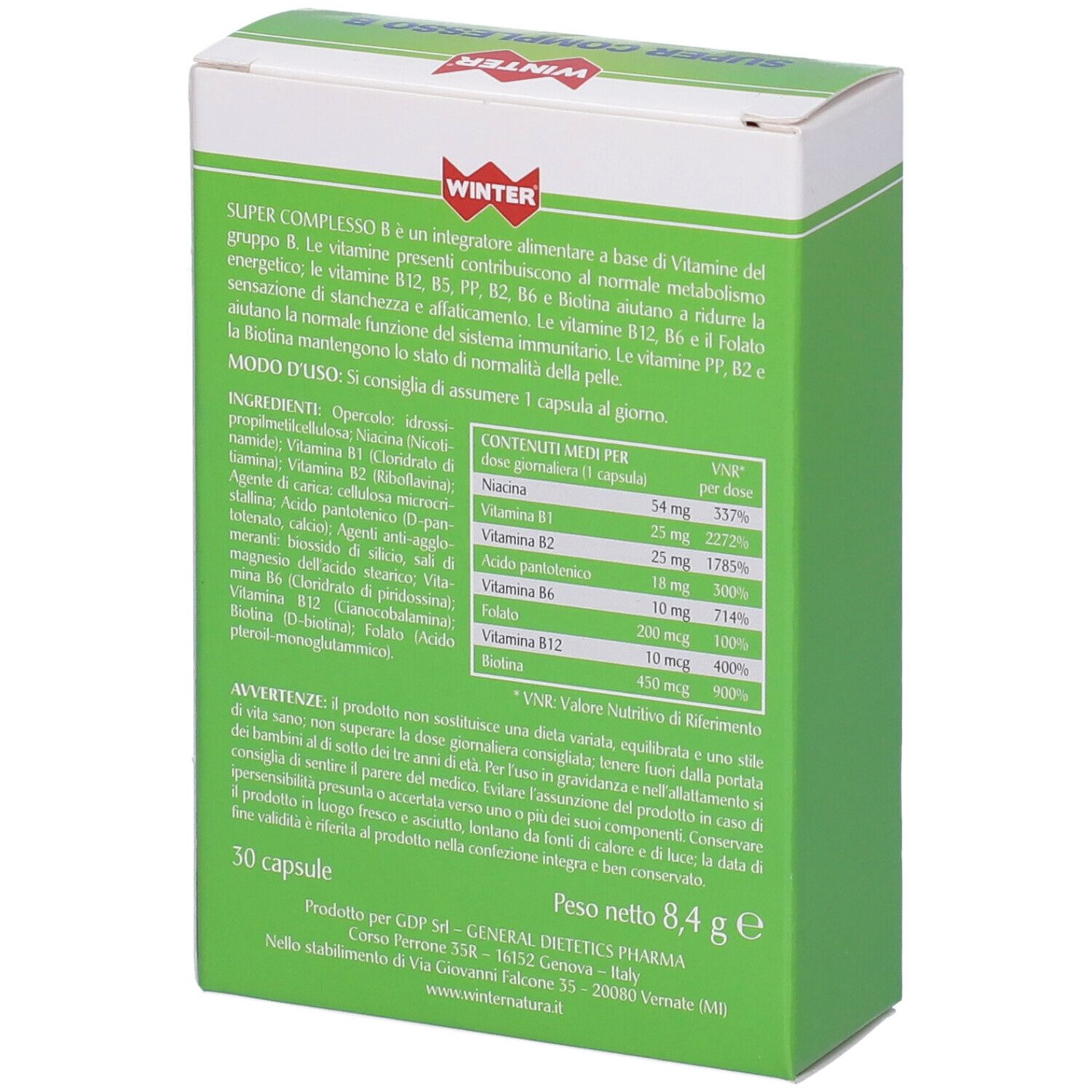 Retro della scatola verde. Testo con ingredienti e informazioni nutrizionali. Marchio WINTER.