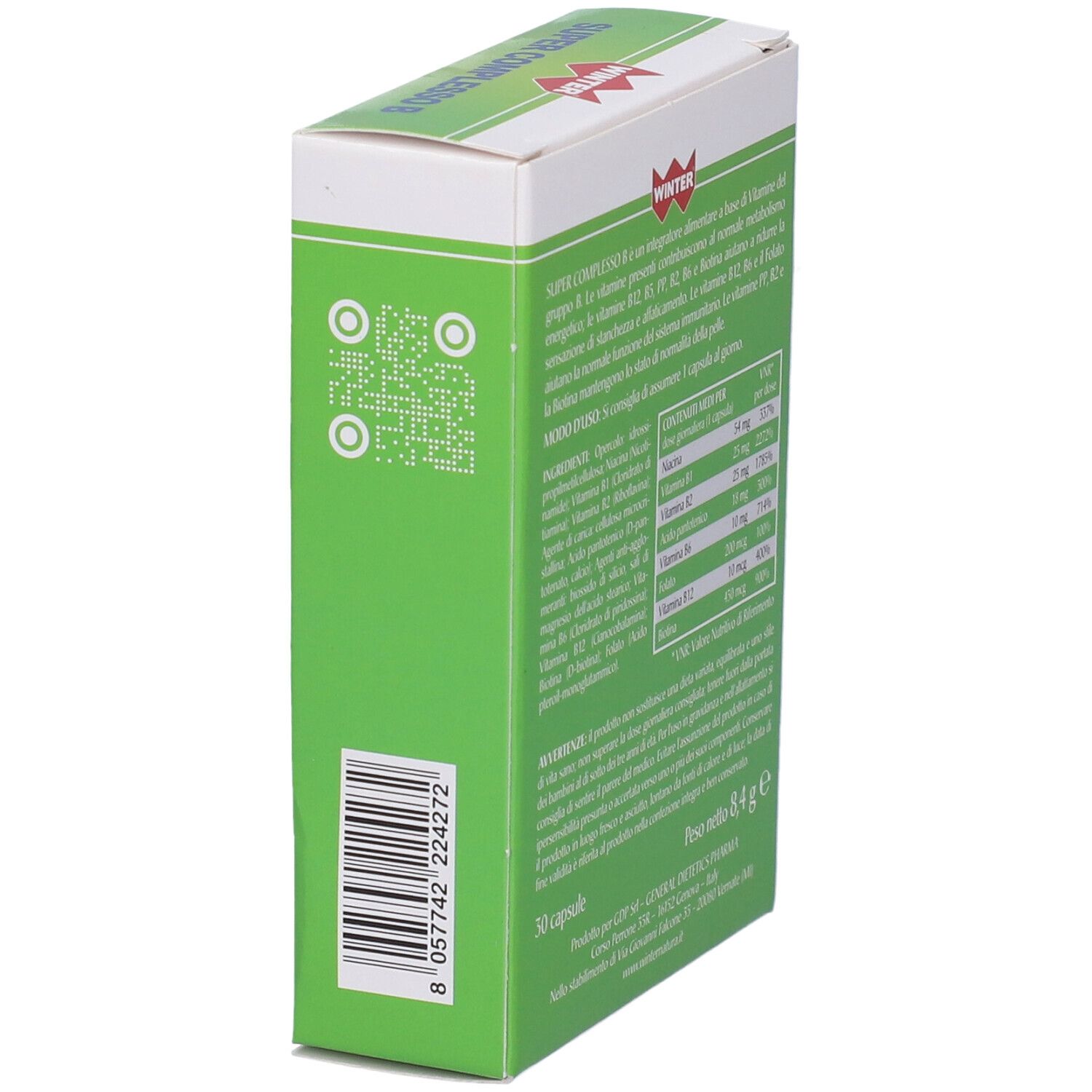 Scatola verde con testo e codice a barre. Marchio WINTER. Contiene 30 capsule.