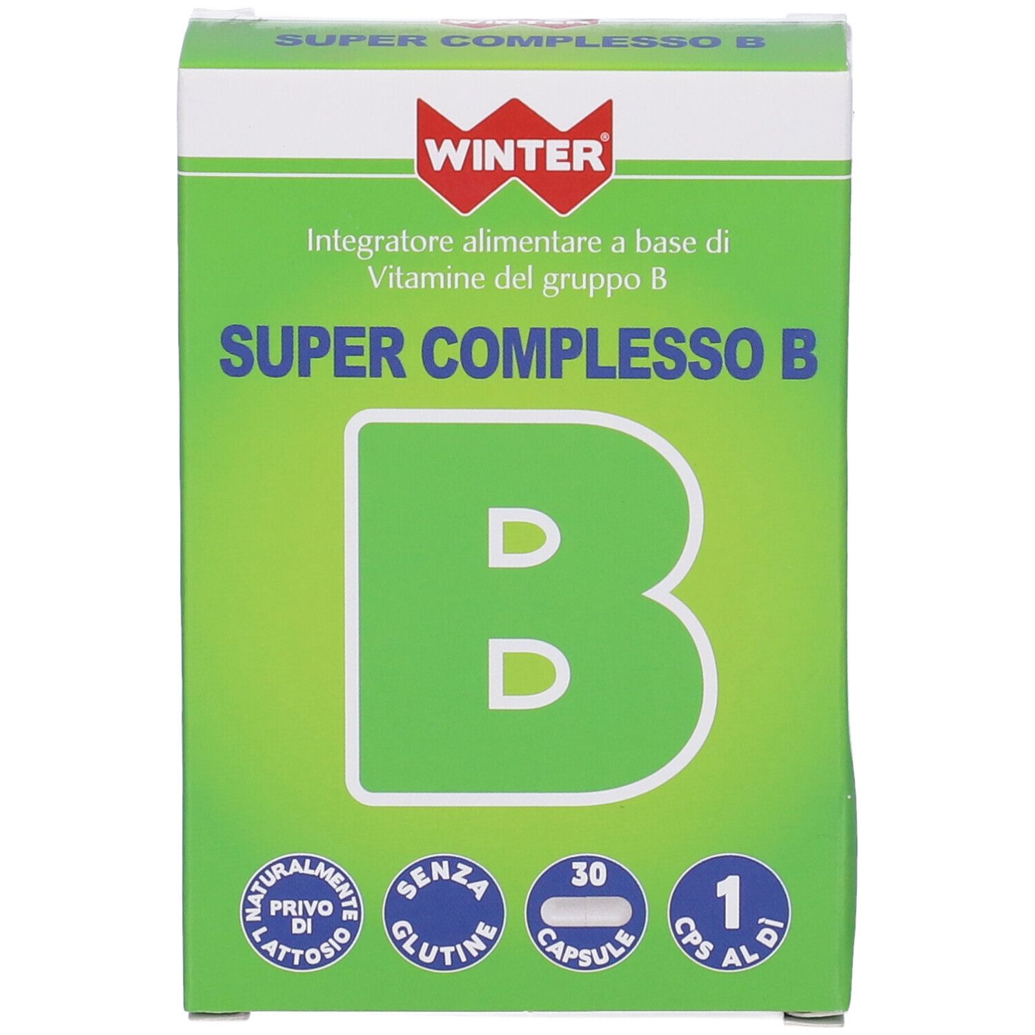 Scatola verde con scritta SUPER COMPLESSO B. Contiene 30 capsule. Marchio WINTER.