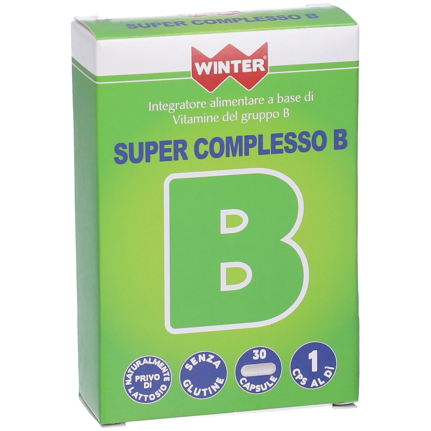 Scatola verde con scritta SUPER COMPLESSO B. Contiene 30 capsule. Marchio WINTER.