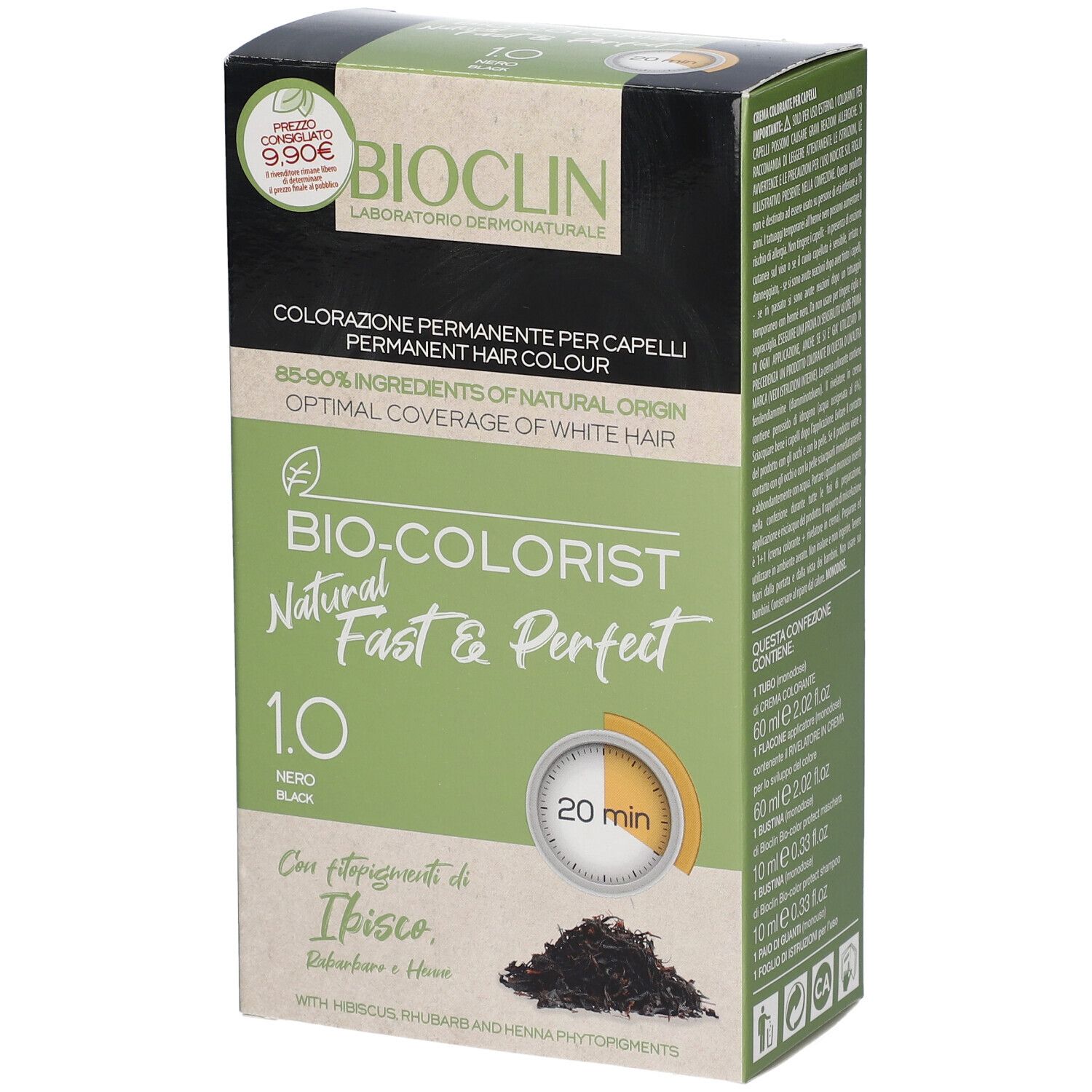 BIOCLIN Bio-Colorist 1.0 Nero. Confezione con etichetta prezzo. Informazioni sul prodotto e capelli neri. Tempo di posa 20 minuti.