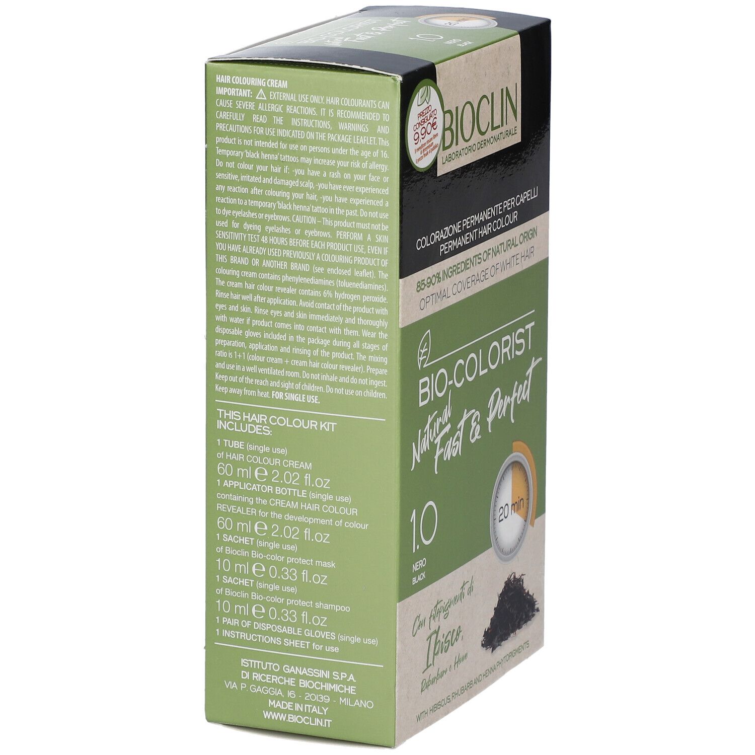 BIOCLIN Bio-Colorist 1.0 Nero. Confezione, vista laterale. Informazioni sul prodotto, ingredienti e istruzioni per l'uso.