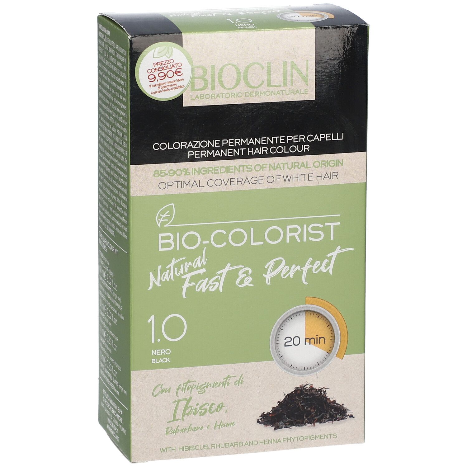 BIOCLIN Bio-Colorist 1.0 Nero. Confezione con informazioni sul prodotto. Capelli neri sullo sfondo. Tempo di posa 20 minuti.