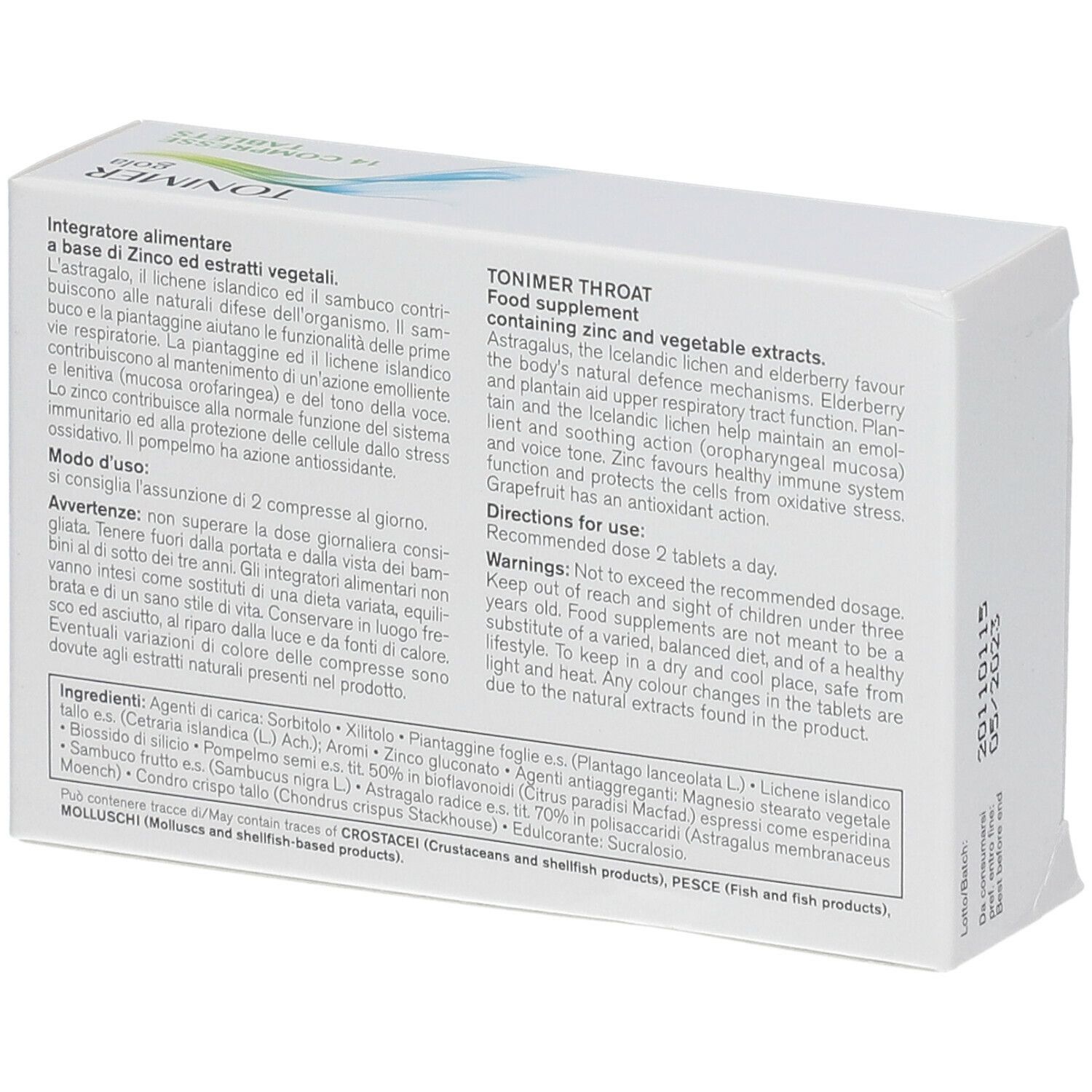 Retro della scatola con ingredienti e istruzioni per l'uso. Contiene zinco ed estratti vegetali. Testo in italiano.