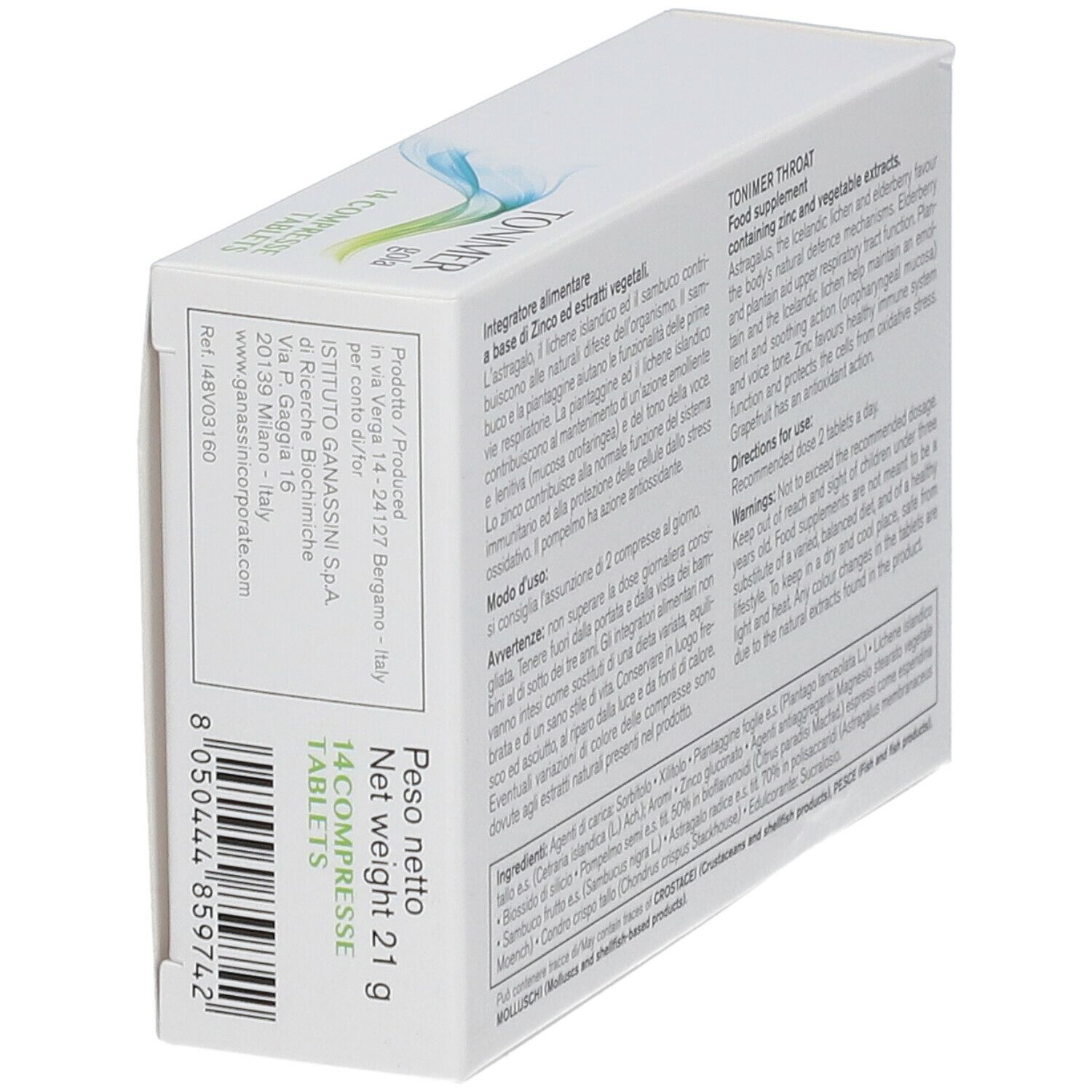 Scatola "TONIMER throat" con 14 compresse. Contiene zinco ed estratti vegetali. Peso netto 21 g. Codice a barre.
