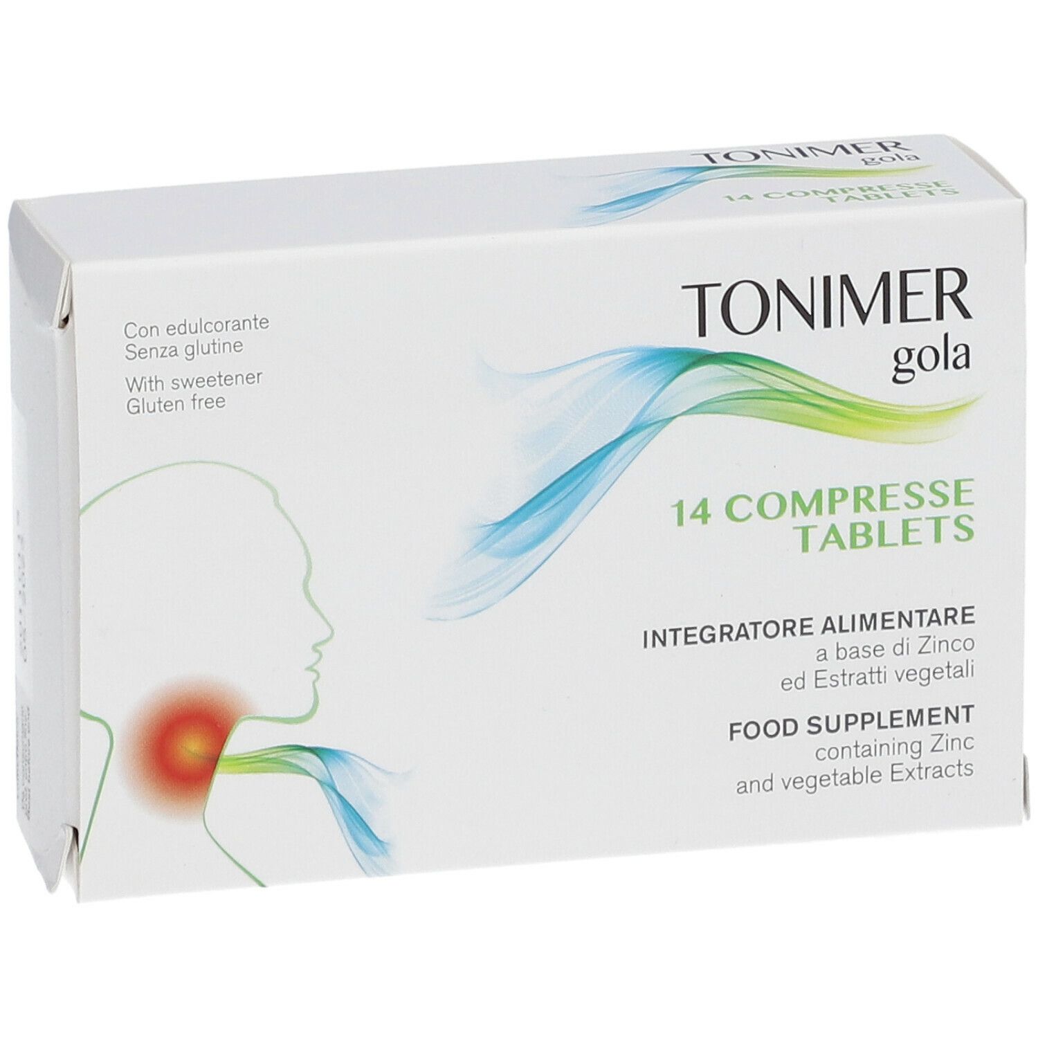Scatola bianca "TONIMER gola" con 14 compresse. Contiene zinco ed estratti vegetali. Illustrazione di una gola.