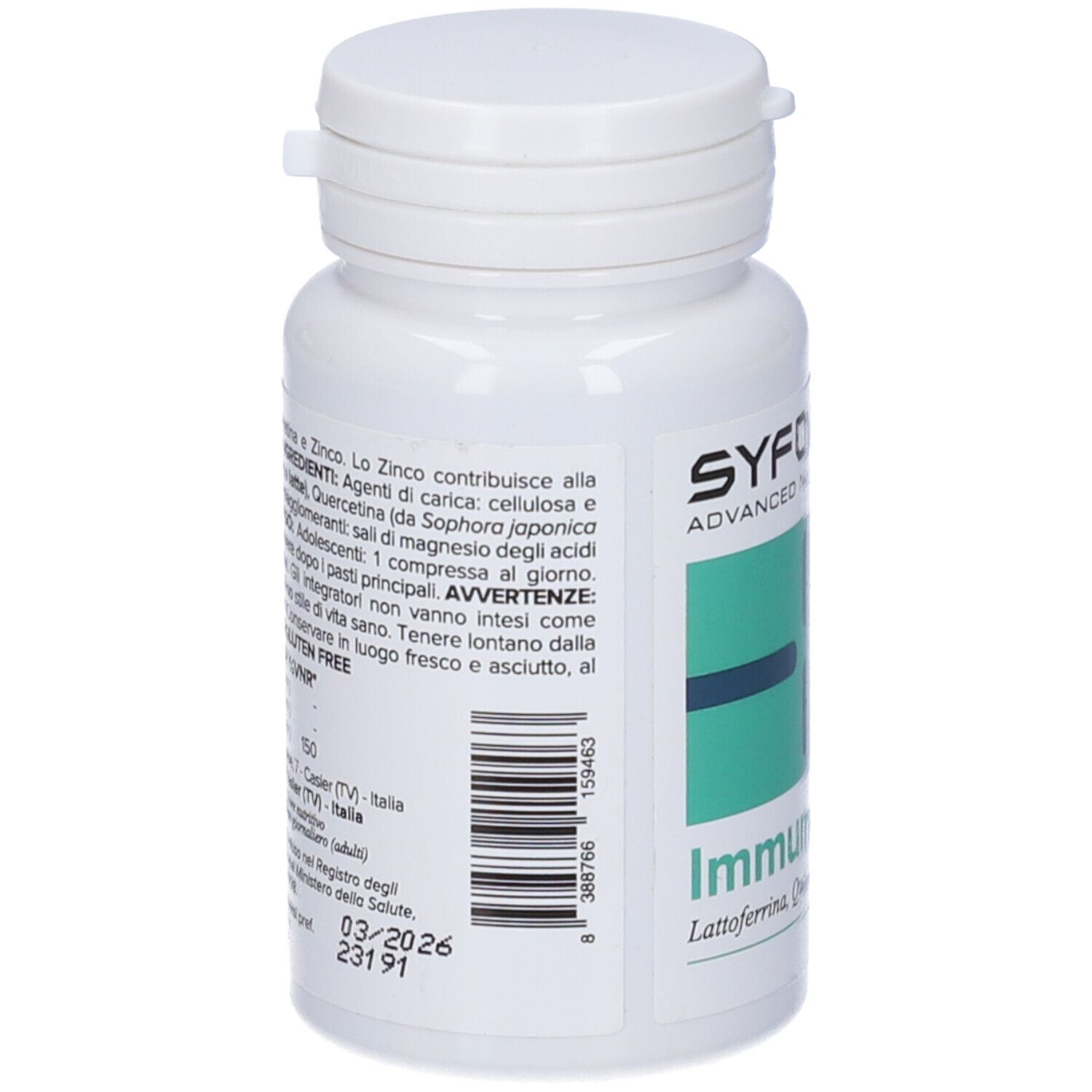 Retro di un flacone bianco. Informazioni su Immuno Skill. Marchio Syform.