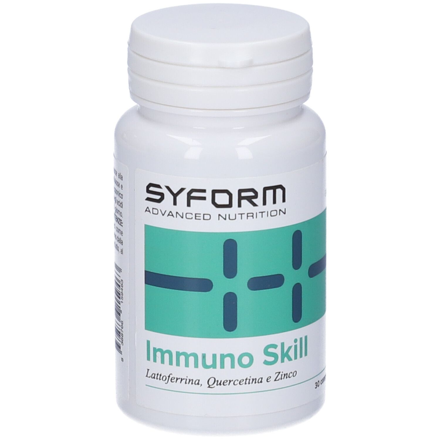 Flacone bianco Immuno Skill. Contiene Lattoferrina, Quercetina, Zinco. Marchio Syform.