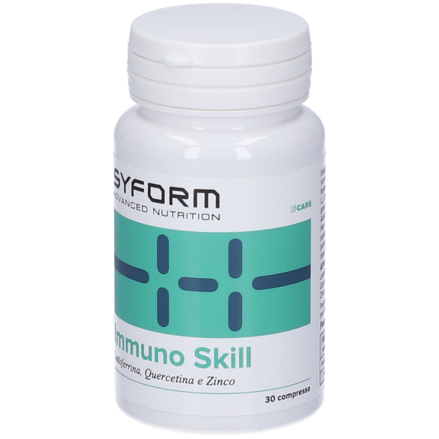 Flacone bianco Immuno Skill. Contiene Lattoferrina, Quercetina, Zinco. Marchio Syform.