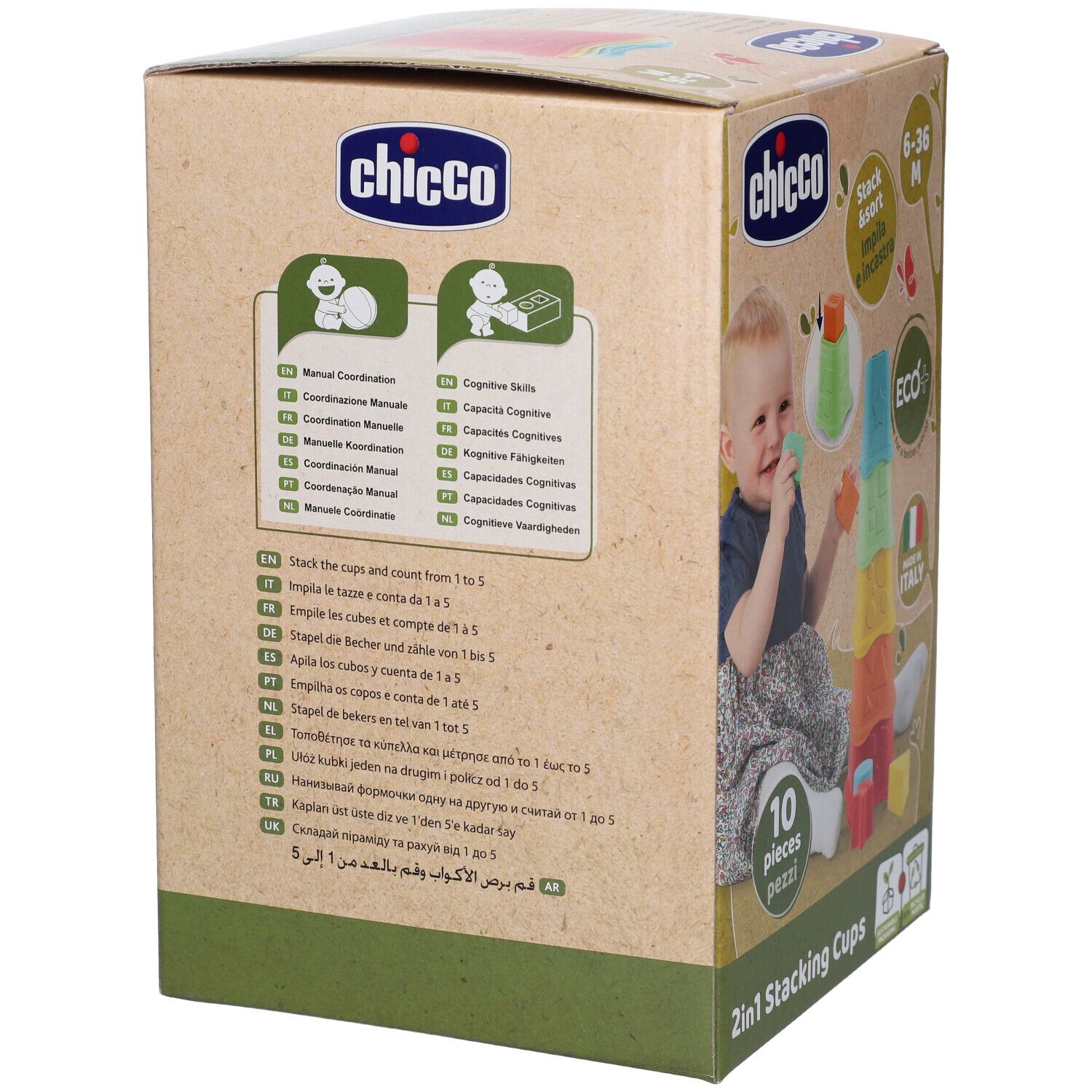 Retro della confezione dei bicchieri Chicco con informazioni su coordinazione manuale e sviluppo cognitivo.