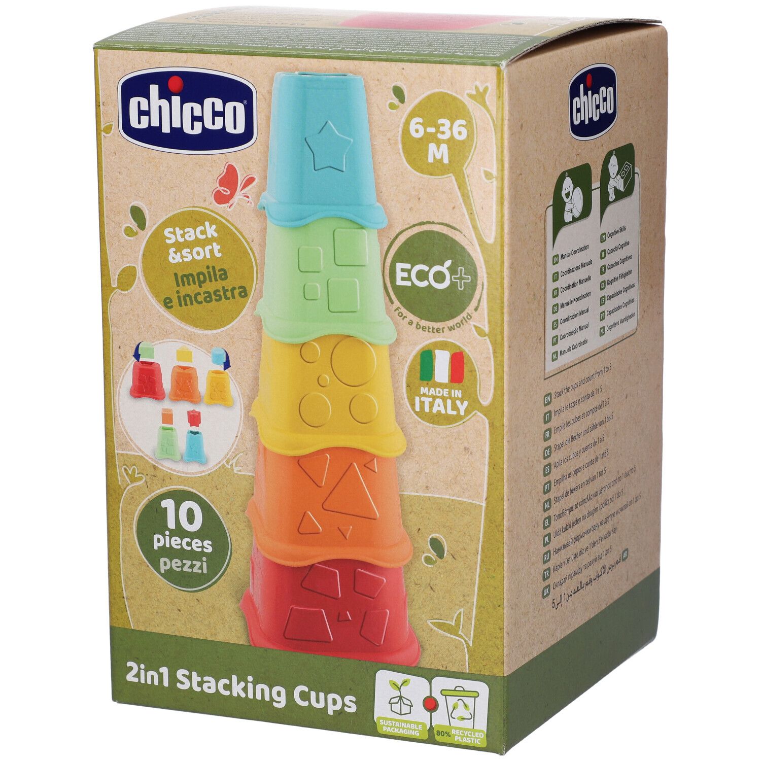 Bicchieri impilabili Chicco 2in1: Cinque bicchieri colorati di varie dimensioni e colori, impilati uno sull'altro.