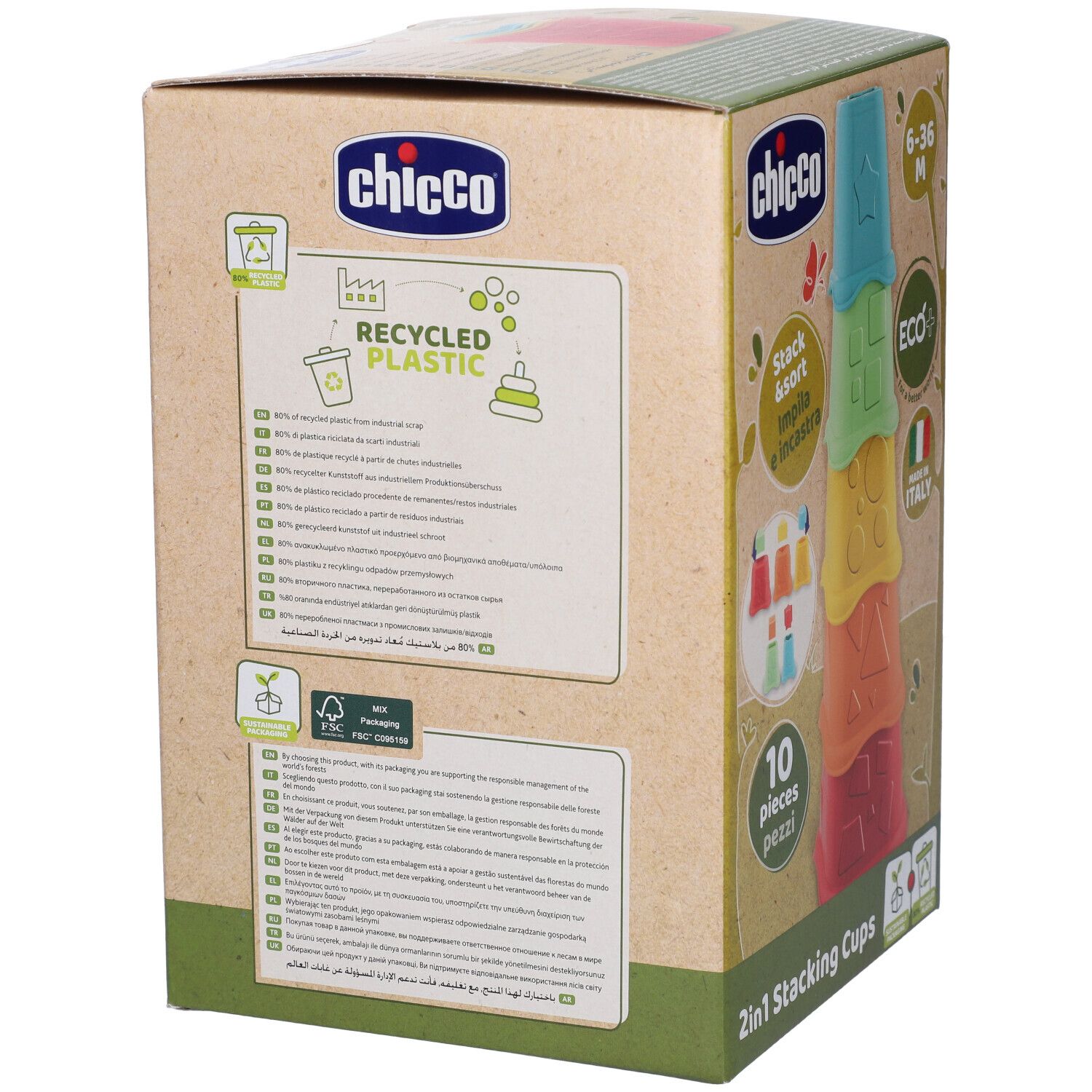 Confezione bicchieri Chicco: Indicazione di plastica riciclata e certificazione FSC.