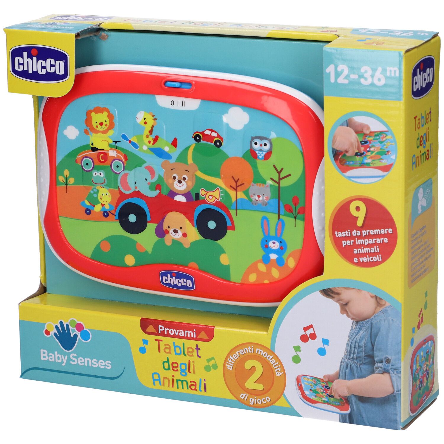 Tablet Chicco Degli Animali nella confezione. Tablet rosso con animali. Nome, età e logo.