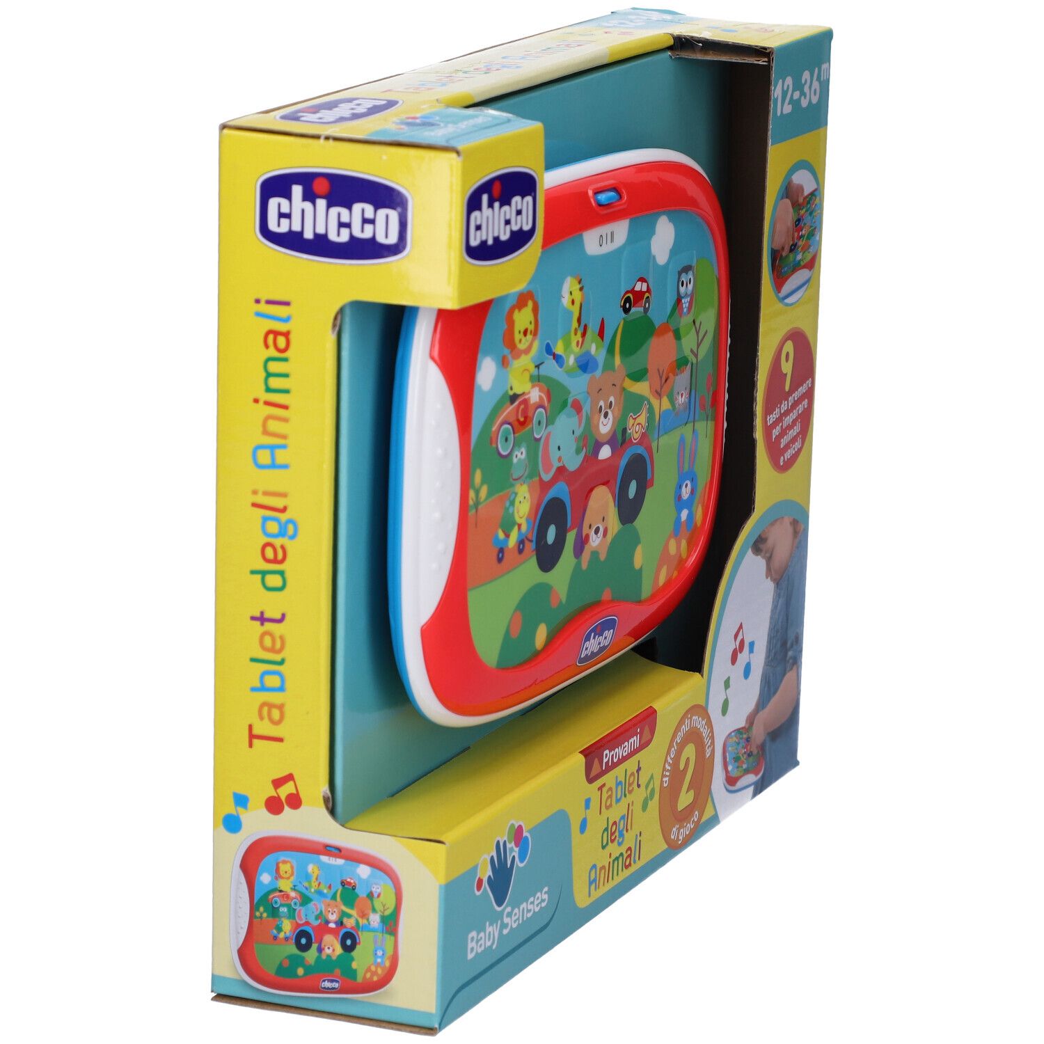 Tablet Chicco Degli Animali nella confezione. Tablet rosso con animali. Nome, età e logo.