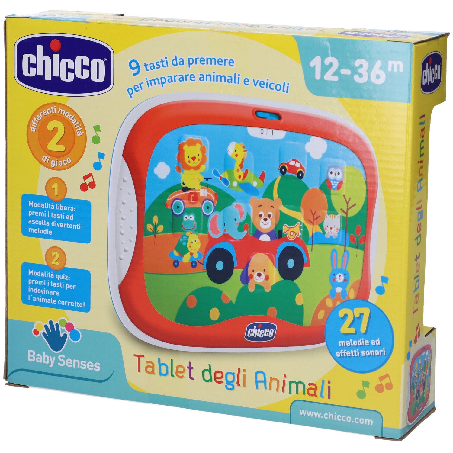 Tablet Chicco Degli Animali nella confezione. Tablet rosso con animali. Nome, età e logo.