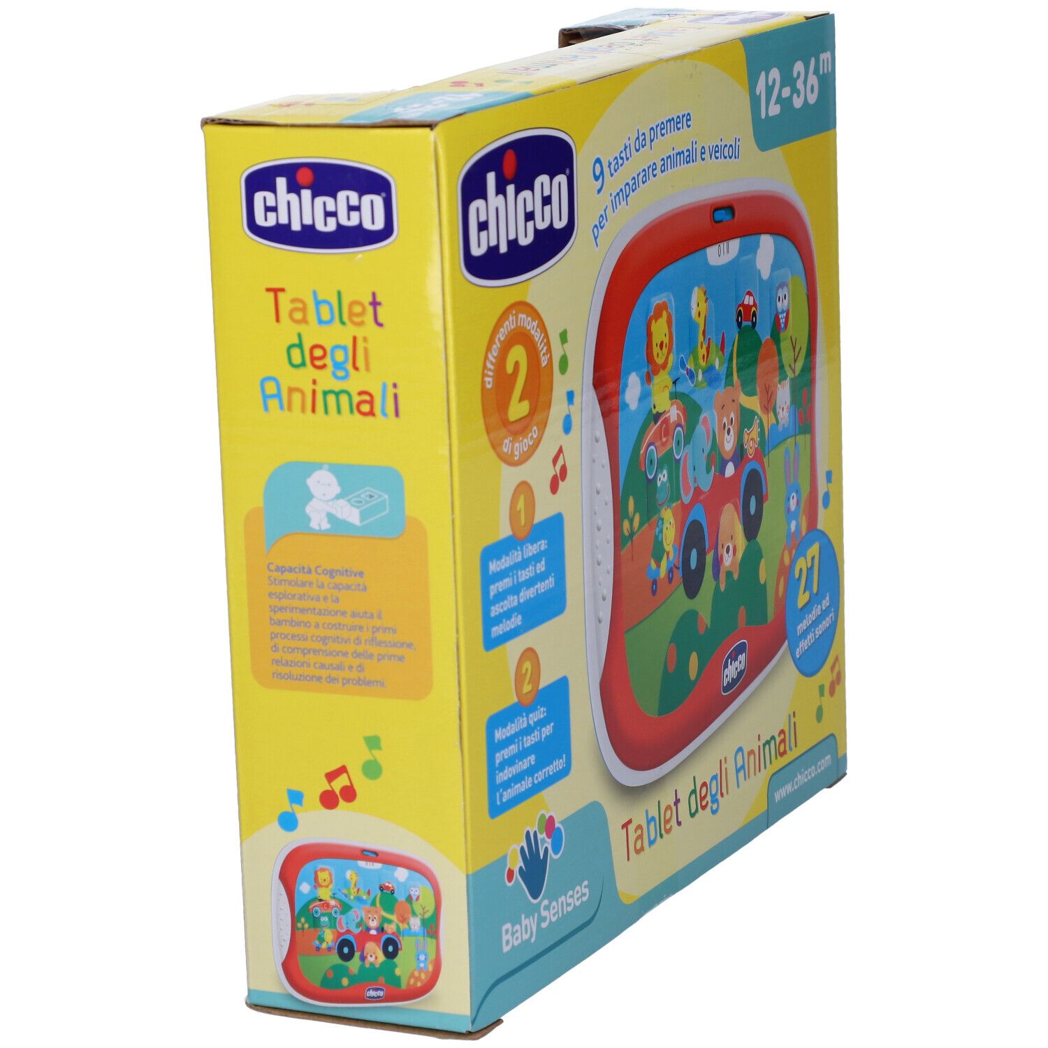 Tablet Chicco Degli Animali nella confezione. Tablet rosso con animali. Nome, età e logo.