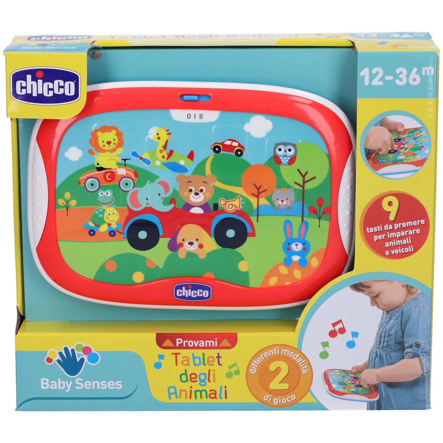 Tablet Chicco Degli Animali nella confezione. Tablet rosso con animali. Nome, età e logo.