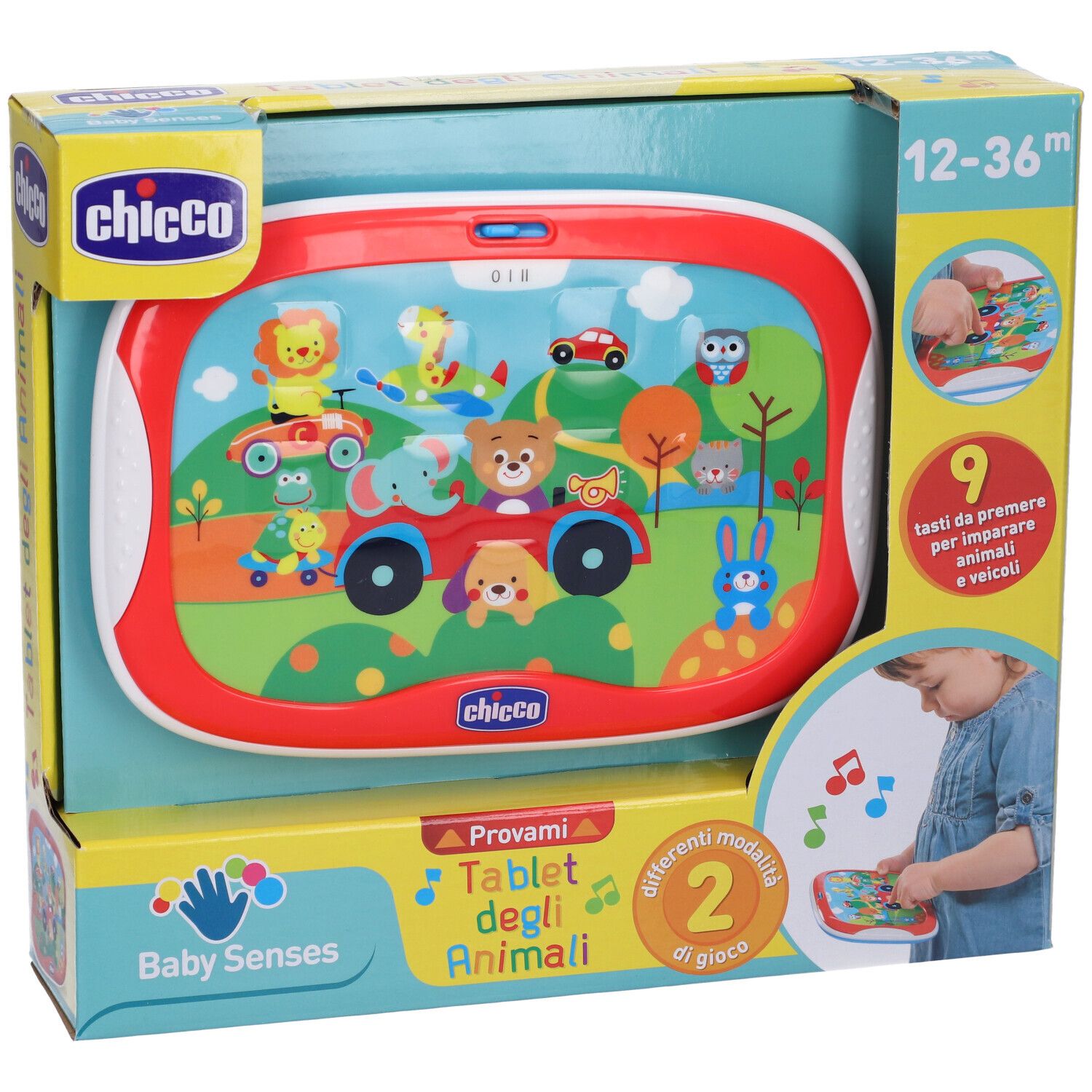 Tablet Chicco Degli Animali nella confezione. Tablet rosso con animali. Nome, età e logo.